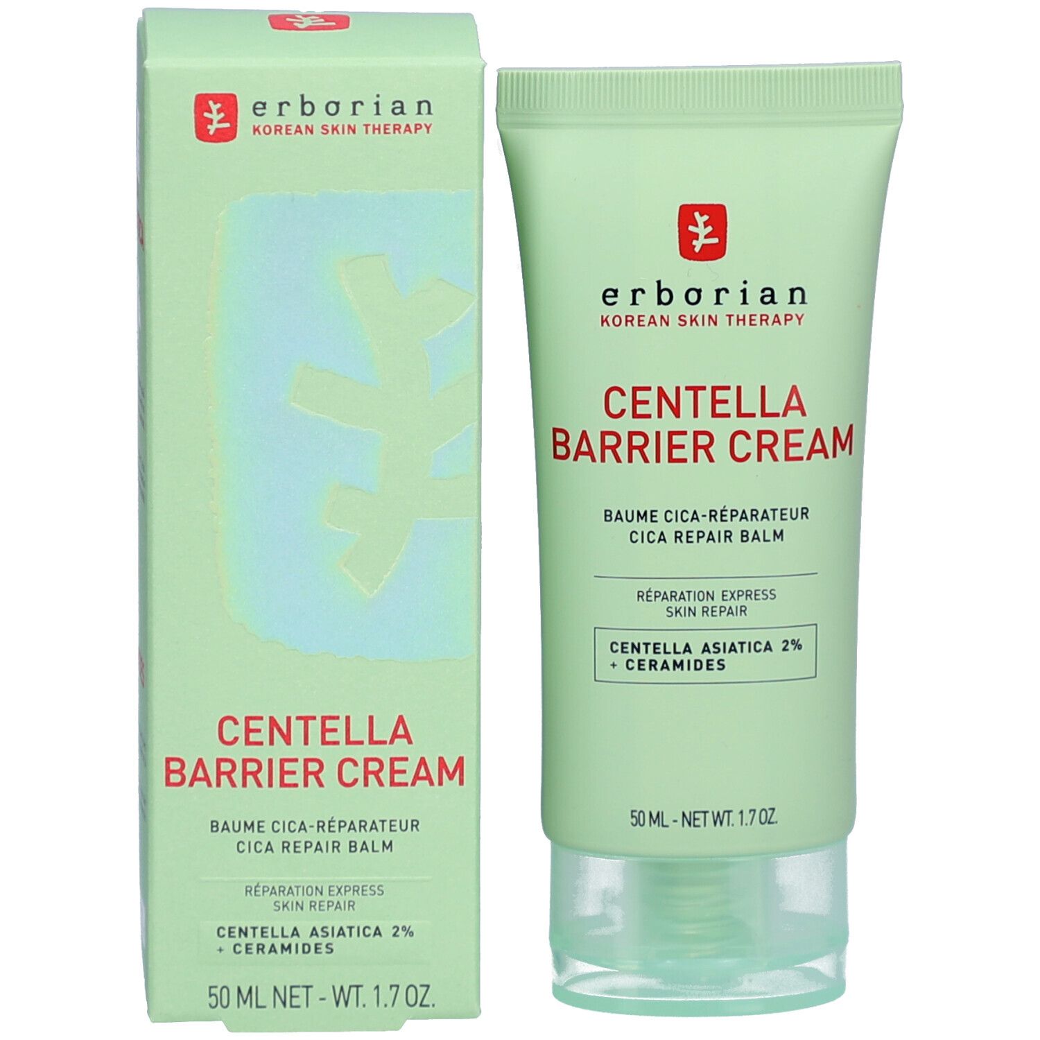 Produktverpackung: Tube und Schachtel. Produktname: CENTELLA BARRIER CREAM. Marke: erborian. Enthält Centella Asiatica und Ceramide.
