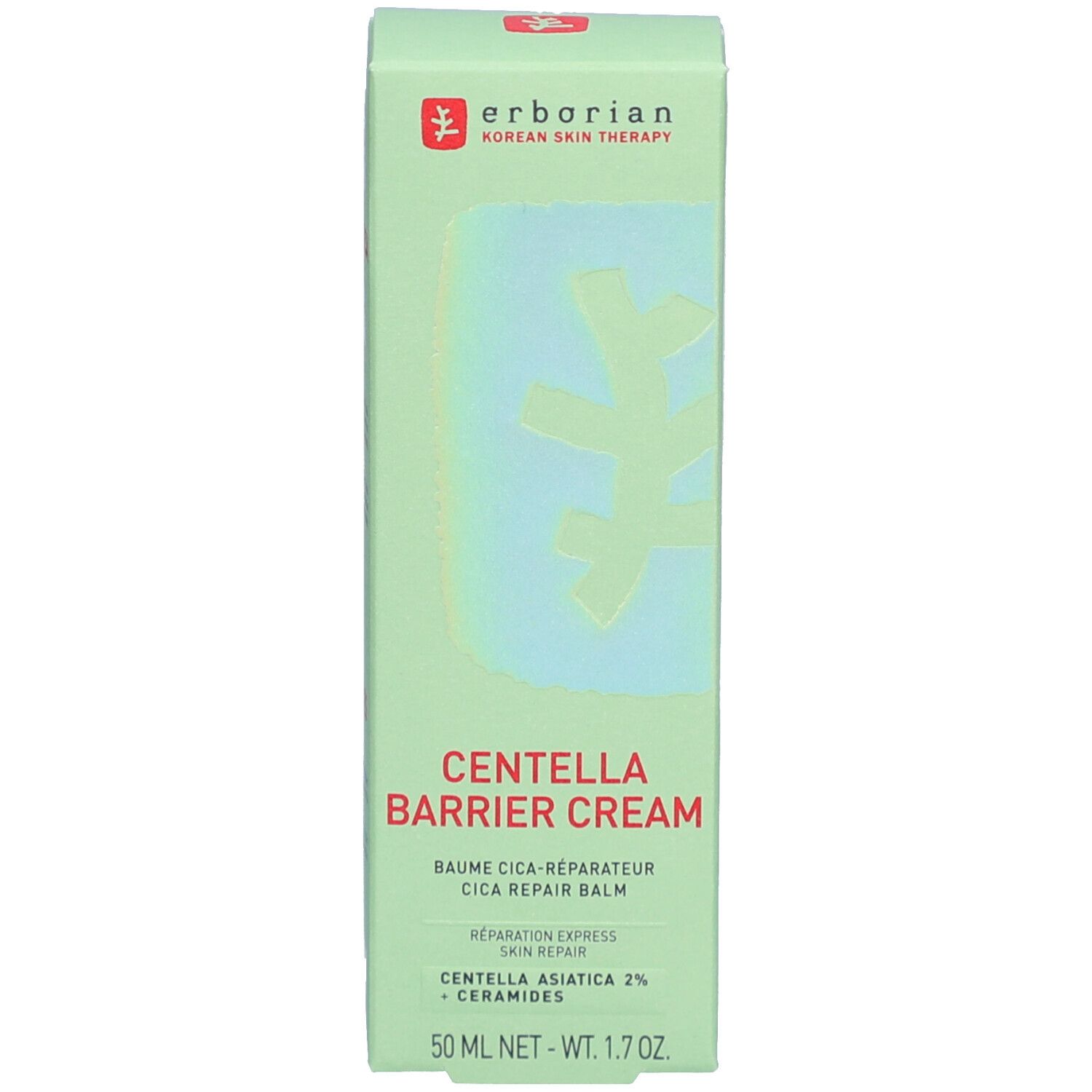 Grüne Schachtel mit Produktname: CENTELLA BARRIER CREAM. Marke: erborian. Enthält Centella Asiatica und Ceramide. 50 ml.