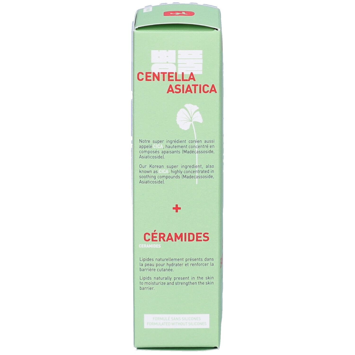 Grüne Schachtel. Text: CENTELLA ASIATICA + CERAMIDES. Informationen zu Inhaltsstoffen. Marke: erborian.