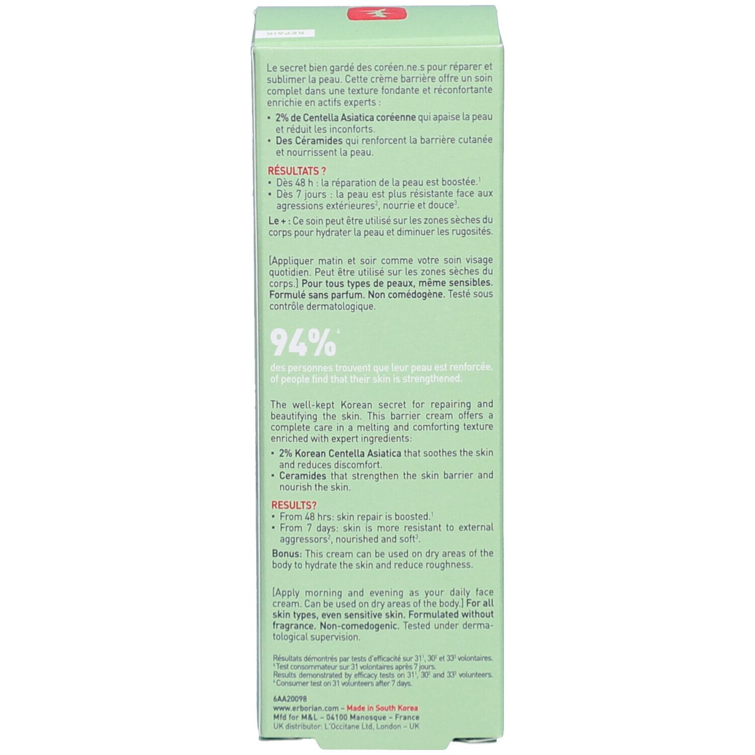 Rückseite der grünen Schachtel. Text in mehreren Sprachen. Informationen zu Inhaltsstoffen und Anwendung. Marke: erborian.