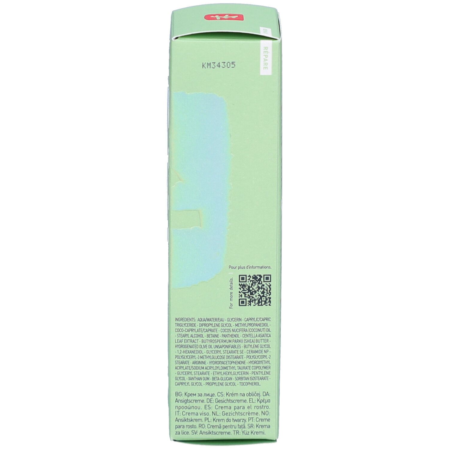 Grüne Schachtel. Inhaltsstoffe und QR-Code. Marke: erborian. Text in mehreren Sprachen.