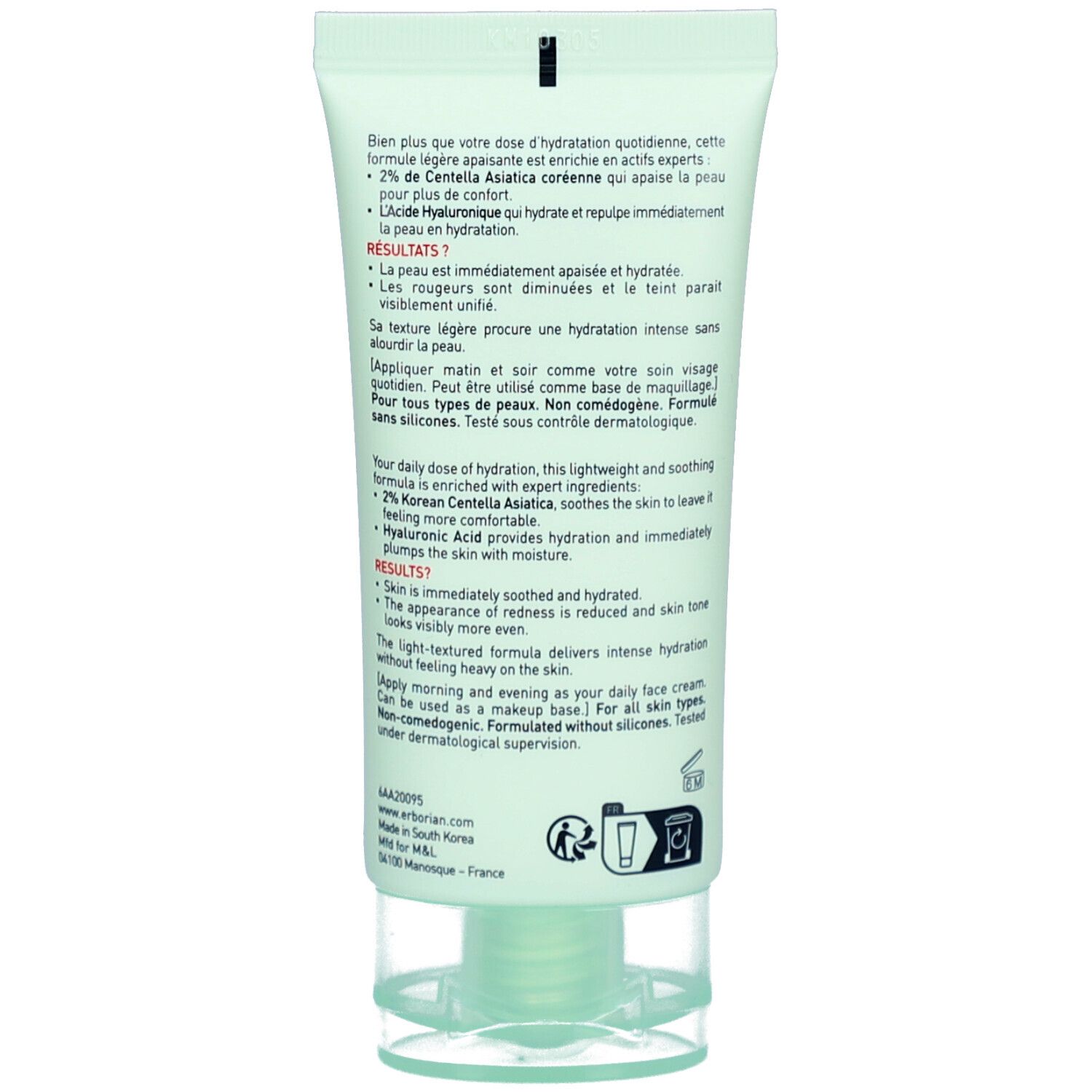 Rückseite der grünen Tube. Text in mehreren Sprachen. Enthält Informationen über die Inhaltsstoffe und Anwendung.