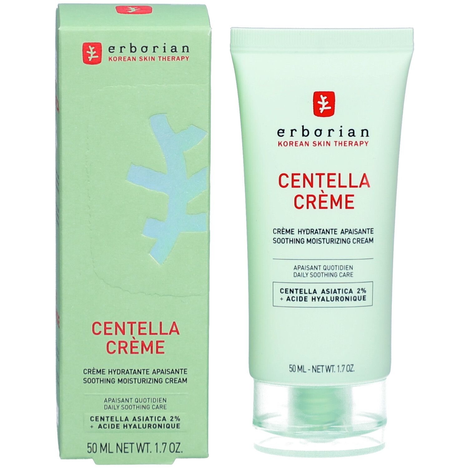 Produktverpackung. Grüne Schachtel und Tube. Enthält CENTELLA CRÈME. Marke: Erborian. Aufschrift: Korean Skin Therapy.