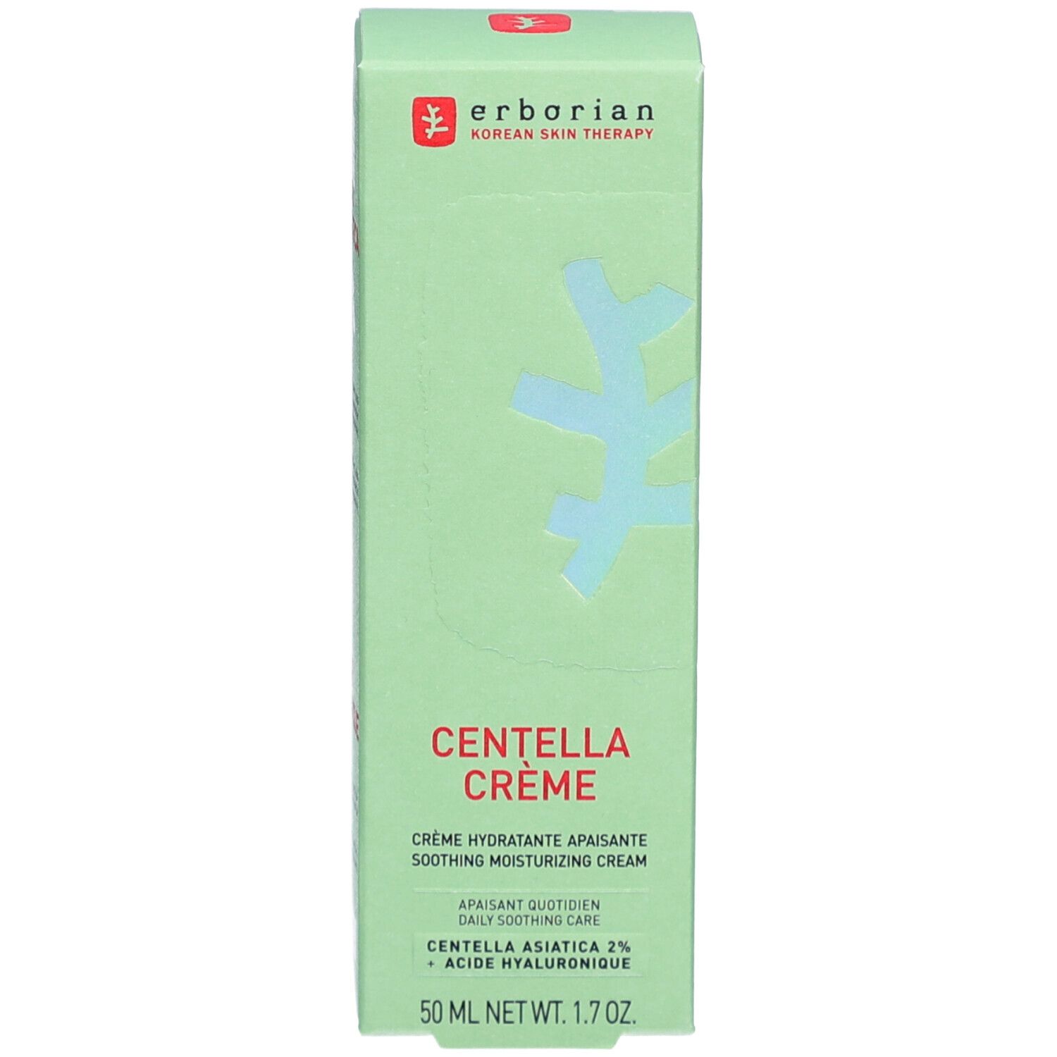 Grüne Schachtel mit weißer Schrift. Enthält CENTELLA CRÈME. Marke: Erborian. Aufschrift: Korean Skin Therapy. 50 ml.