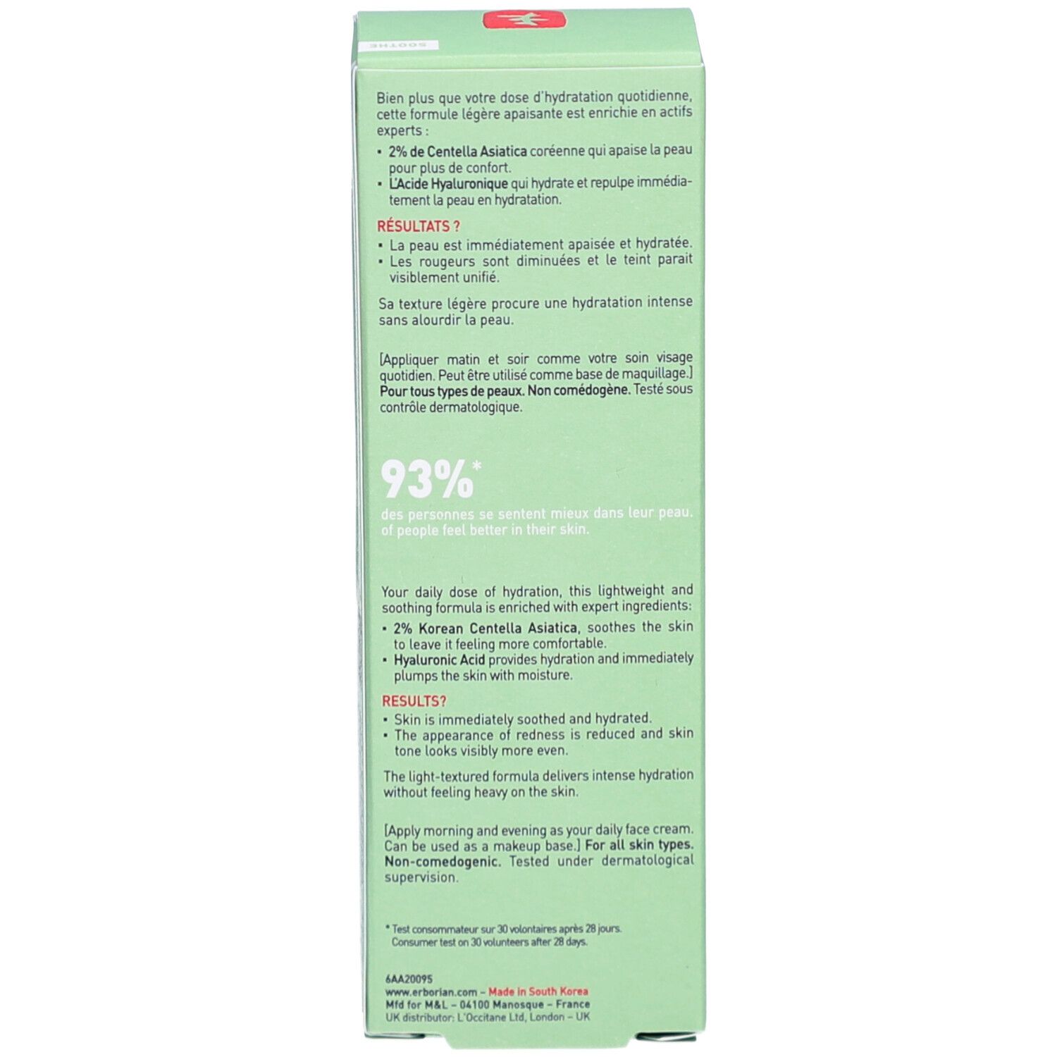 Rückseite der grünen Schachtel. Text in mehreren Sprachen. Enthält Informationen über die Anwendung und Ergebnisse.