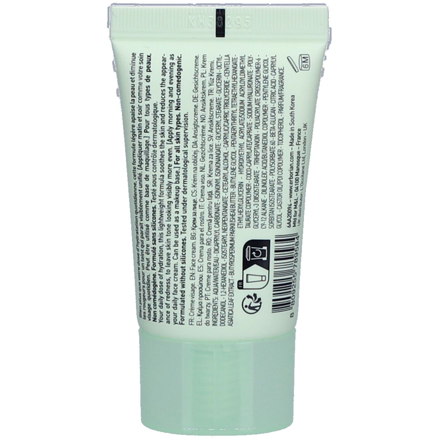 Rückseite einer hellgrünen Tube mit Text und Inhaltsstoffen. Marke: Erborian. Hergestellt in Südkorea.