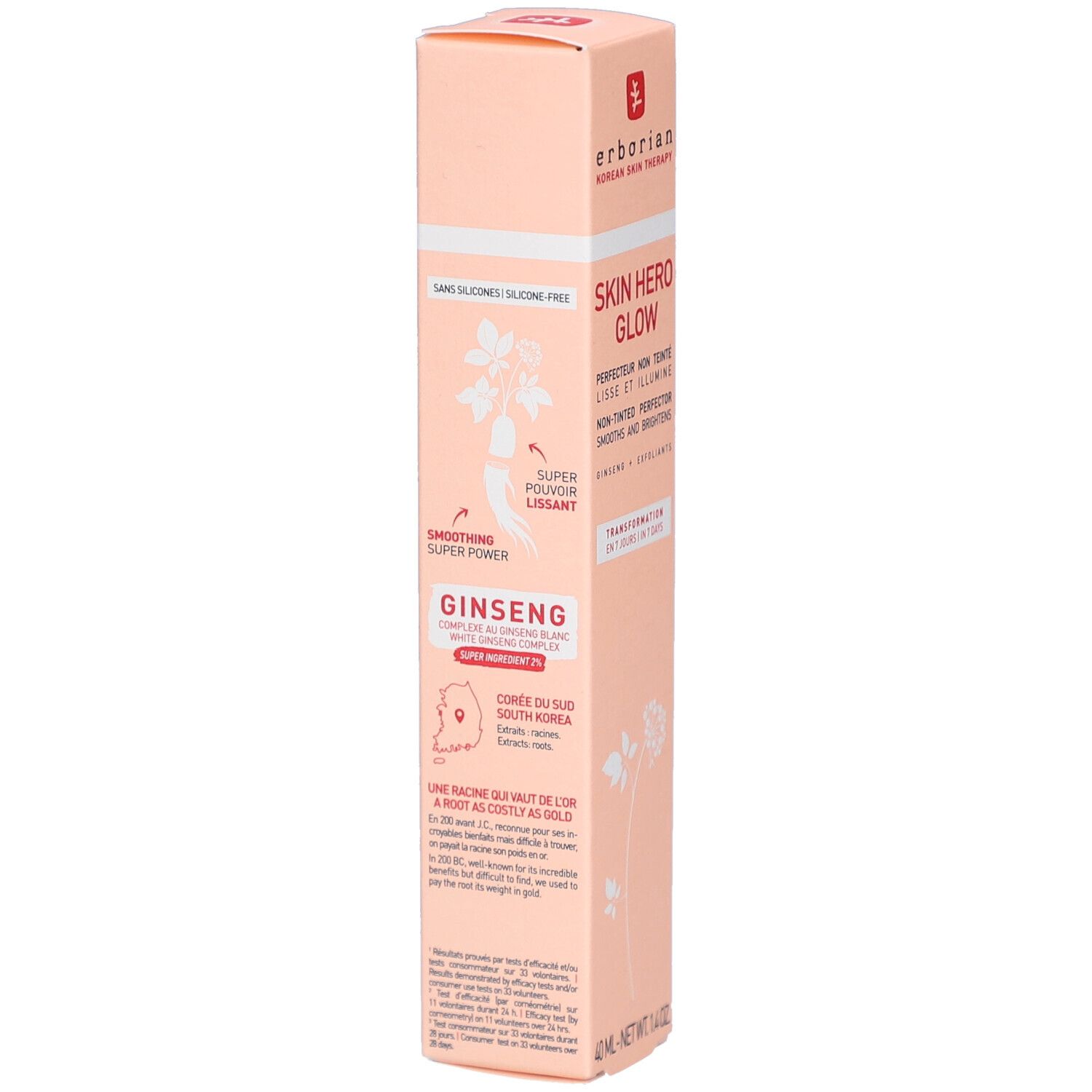 Rosa Verpackung Skin Hero Glow. Ginseng-Komplex. Text: Smoothing Super Power. Herkunft: Südkorea. Silikonfrei. Details zur Anwendung auf der Verpackung.