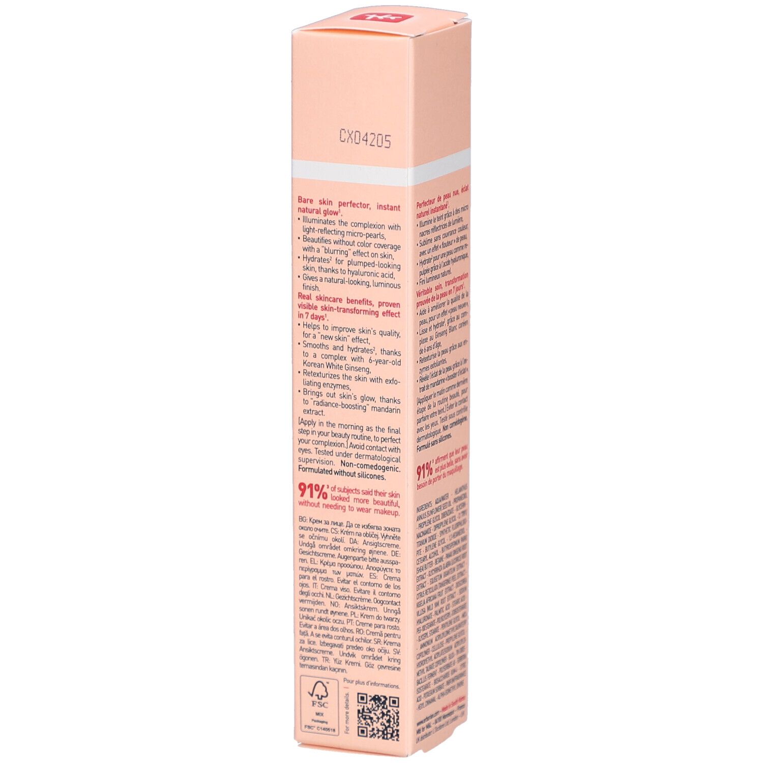Rosa Verpackung Skin Hero Glow. Text: Instant Natural Glow. Enthält Inhaltsstoffe. 91% der Anwender sehen eine Verbesserung. Details zur Anwendung.