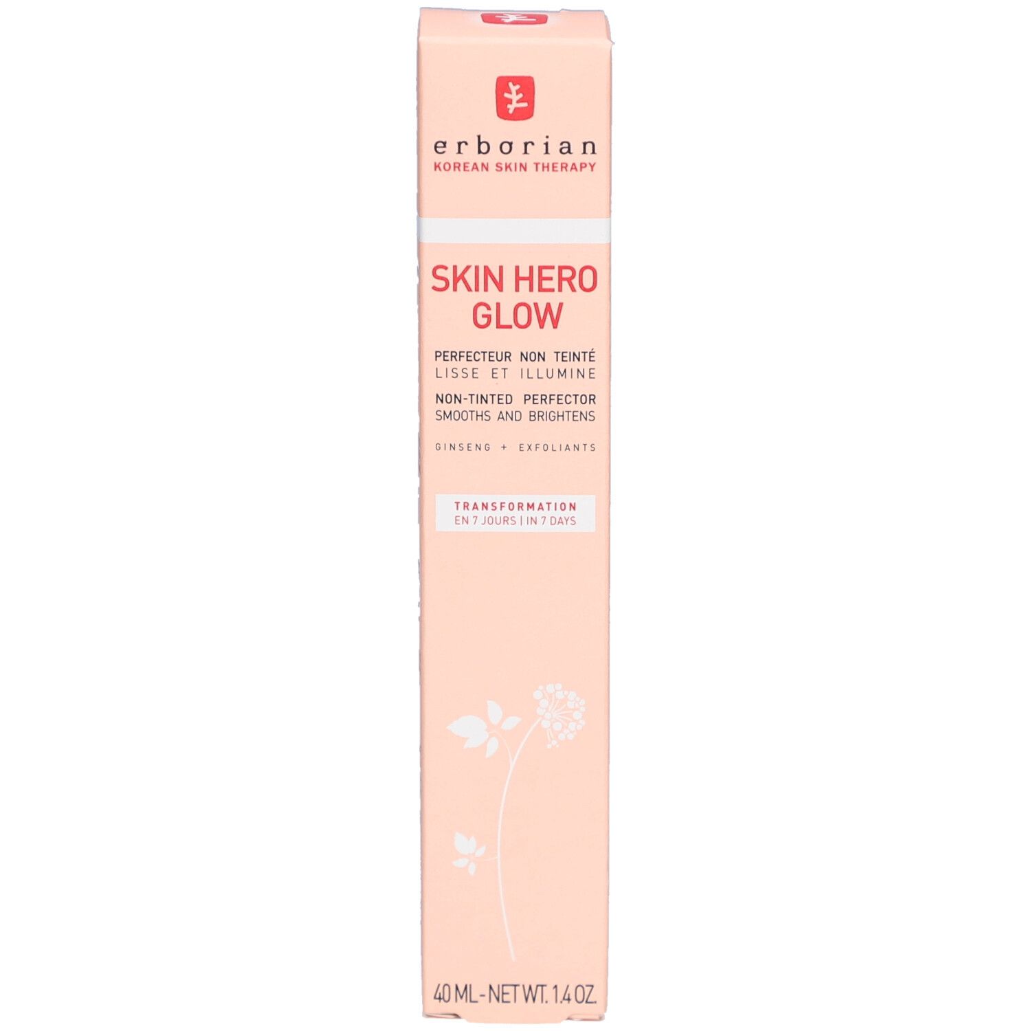 Rosa Verpackung Skin Hero Glow. Erborian Logo. Text: Non-Tinted Perfector, glättet und hellt auf. 40ml. Produktname und Details auf der Verpackung.