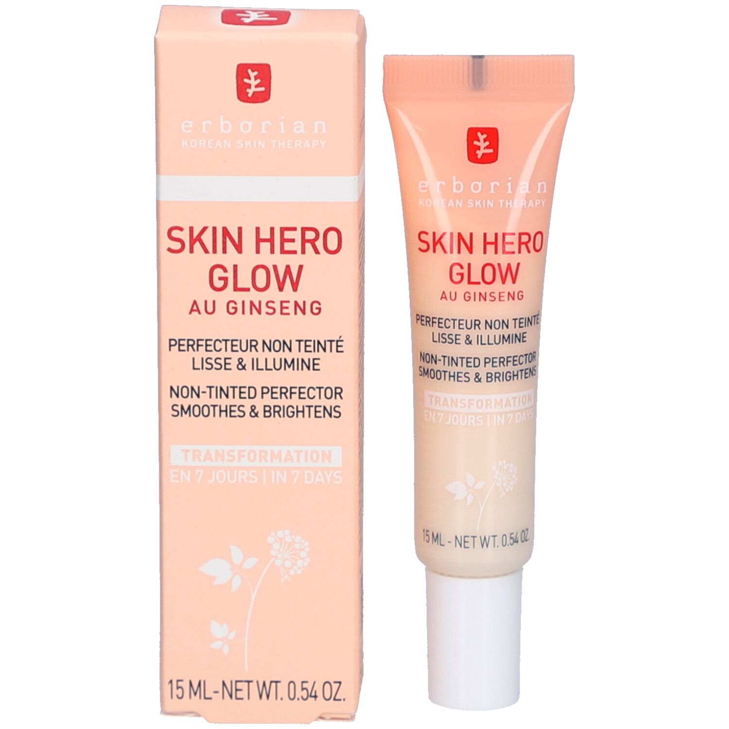 Produktverpackung und Tube. Verpackung: rechteckig, rosa. Tube: rosa, weißer Verschluss. Text: Skin Hero Glow, au Ginseng.
