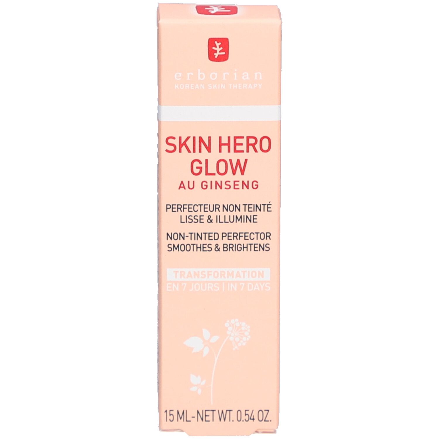 Rechteckige Produktverpackung. Rosa. Text: Skin Hero Glow, au Ginseng. Logo. 15 ml - NET WT. 0.54 OZ.