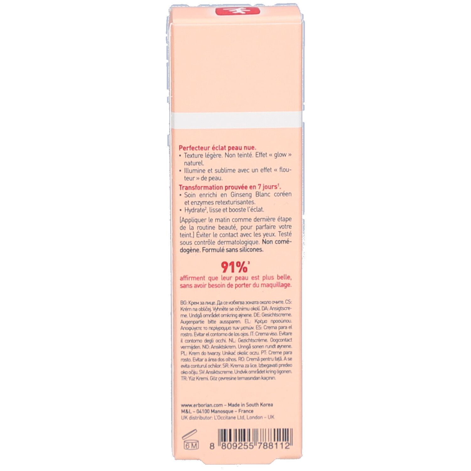 Produktverpackung, Seite. Text in mehreren Sprachen. Enthält Produktinformationen und Angaben zur Anwendung.