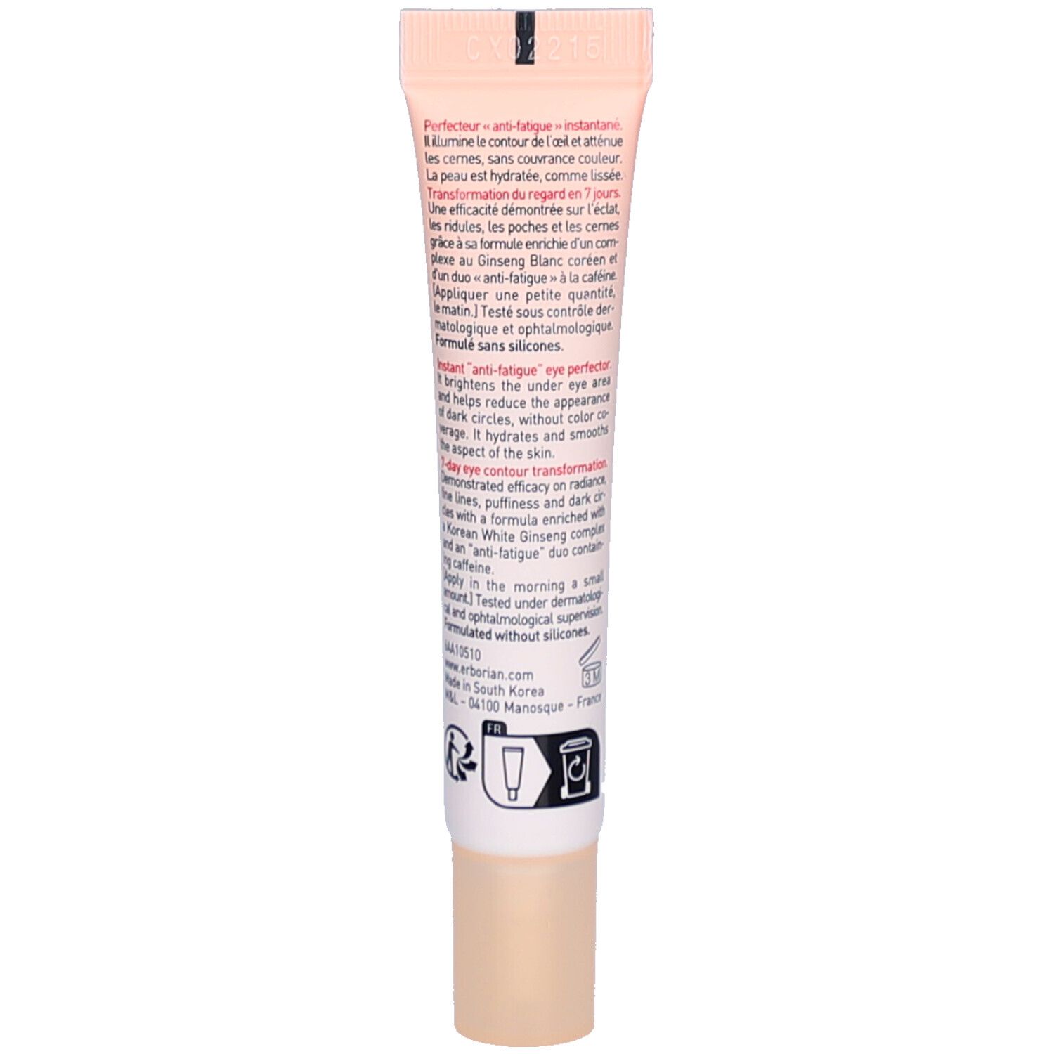 Rückseite der Tube Skin Hero Eye. Text in mehreren Sprachen. Farbgebung: Rosa und Weiß.