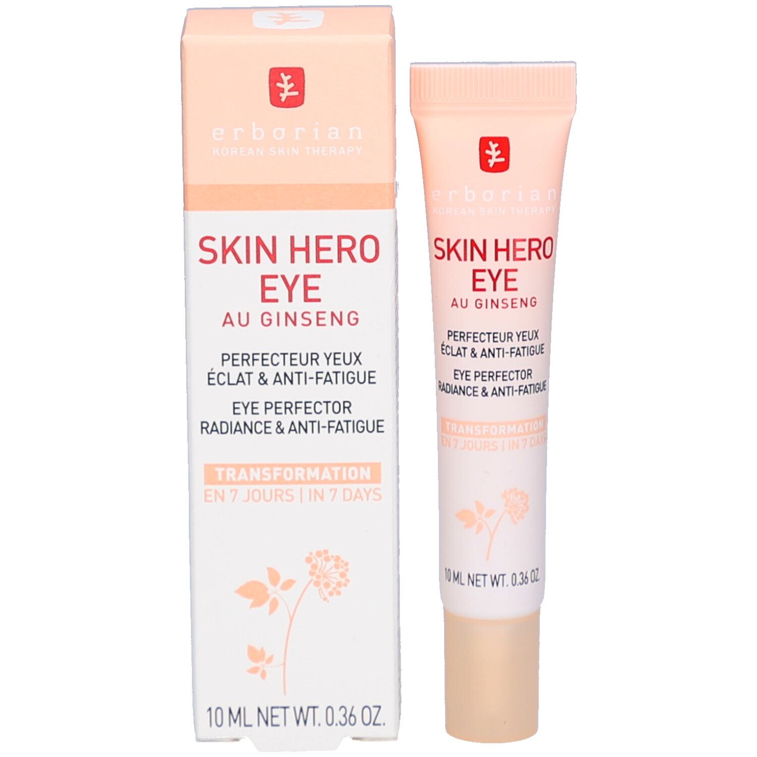 Produkt Skin Hero Eye mit Verpackung. Aufschrift: Skin Hero Eye, Eye Perfector, 10 ml. Farbgebung: Rosa und Weiß.