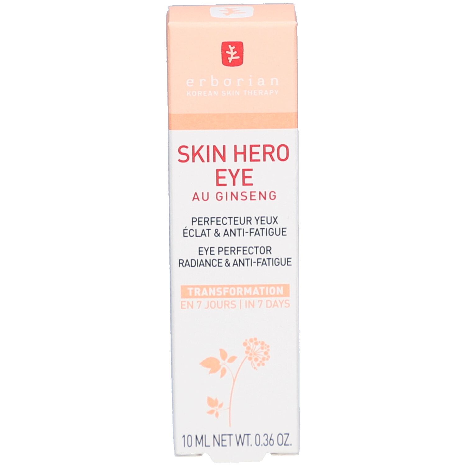 Verpackung von Skin Hero Eye. Aufschrift: Skin Hero Eye, Eye Perfector, 10 ml. Farbgebung: Rosa und Weiß.