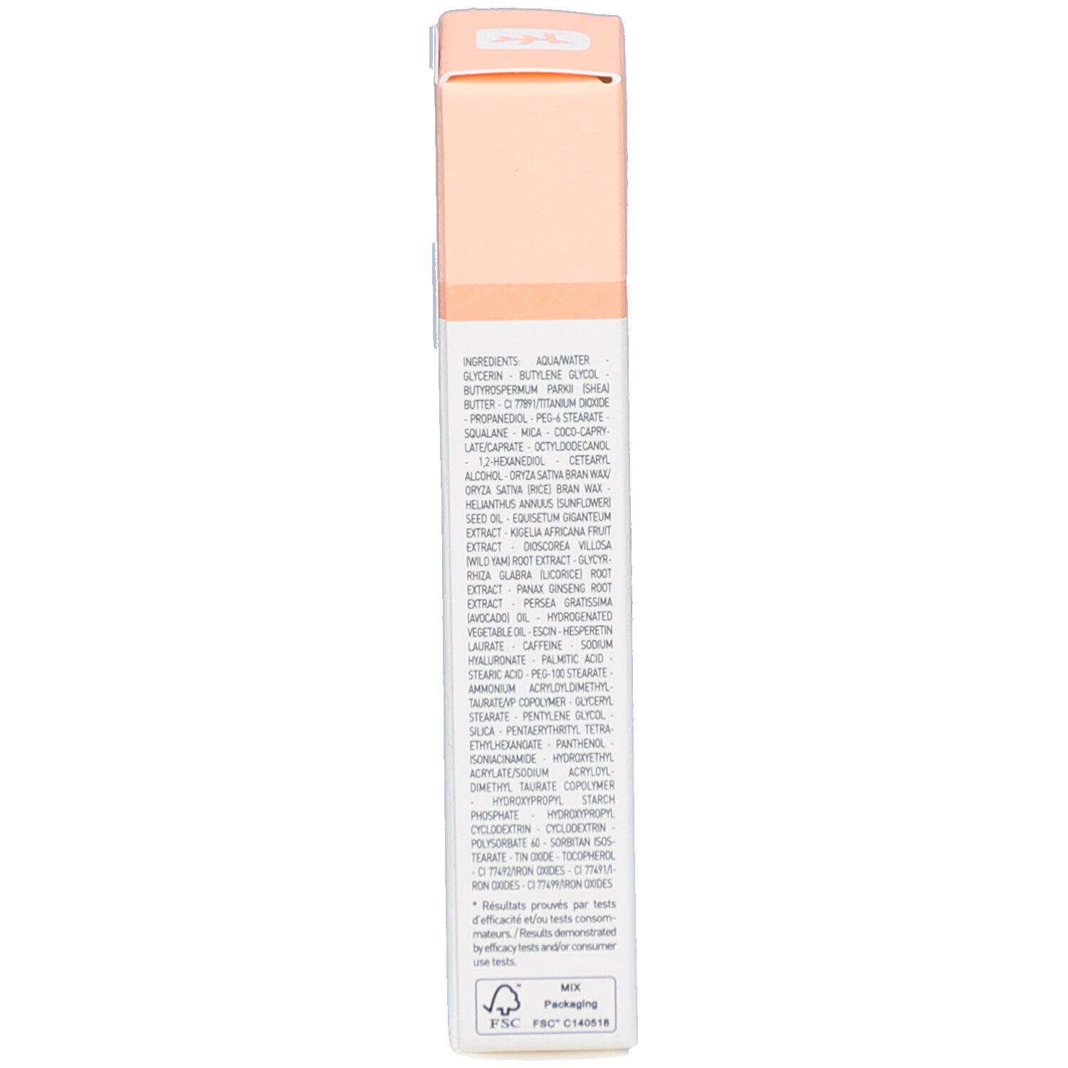 Rückseite der Verpackung von Skin Hero Eye. Auflistung der Inhaltsstoffe. Farbgebung: Rosa und Weiß.
