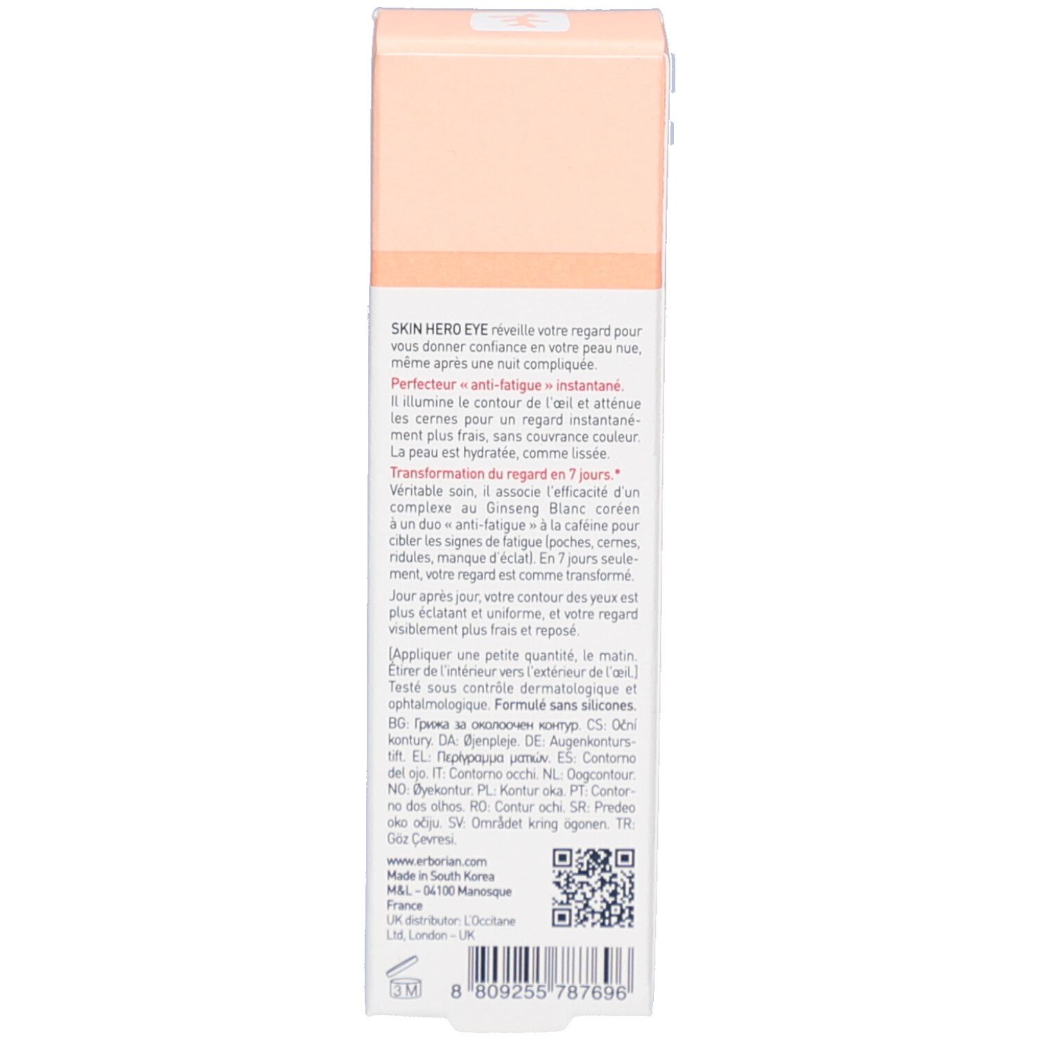 Rückseite der Verpackung von Skin Hero Eye. Text in mehreren Sprachen. Farbgebung: Rosa und Weiß.