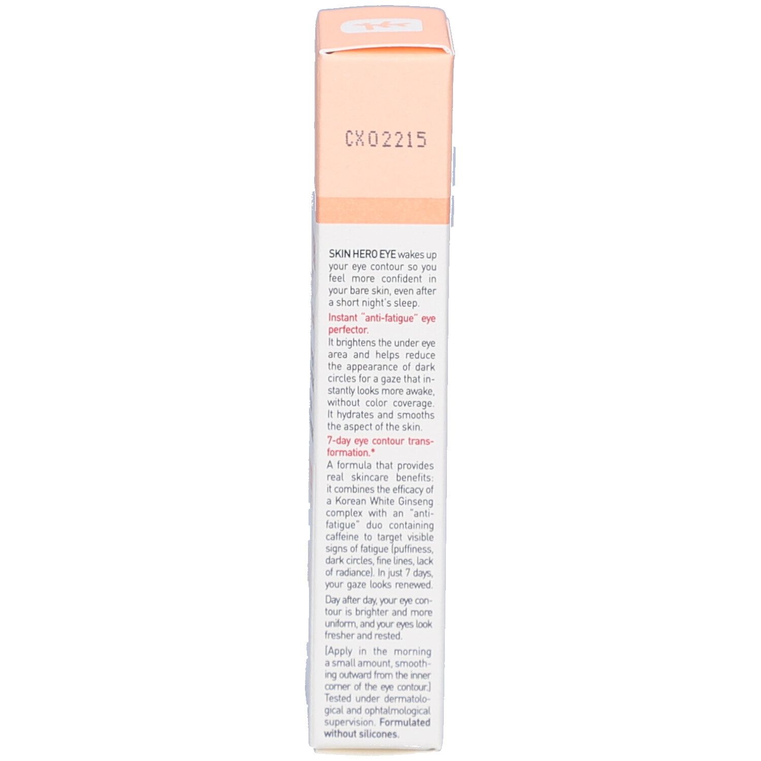 Rückseite der Verpackung von Skin Hero Eye. Text in englischer Sprache. Farbgebung: Rosa und Weiß.