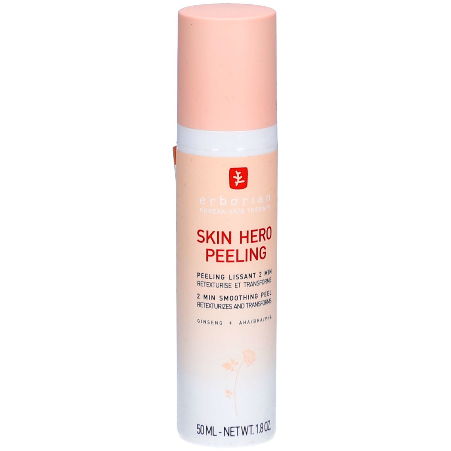Behälter mit rosa Deckel. Aufschrift: Skin Hero Peeling. Enthält Ginseng und AHA/BHA/PHA. 50 ml.