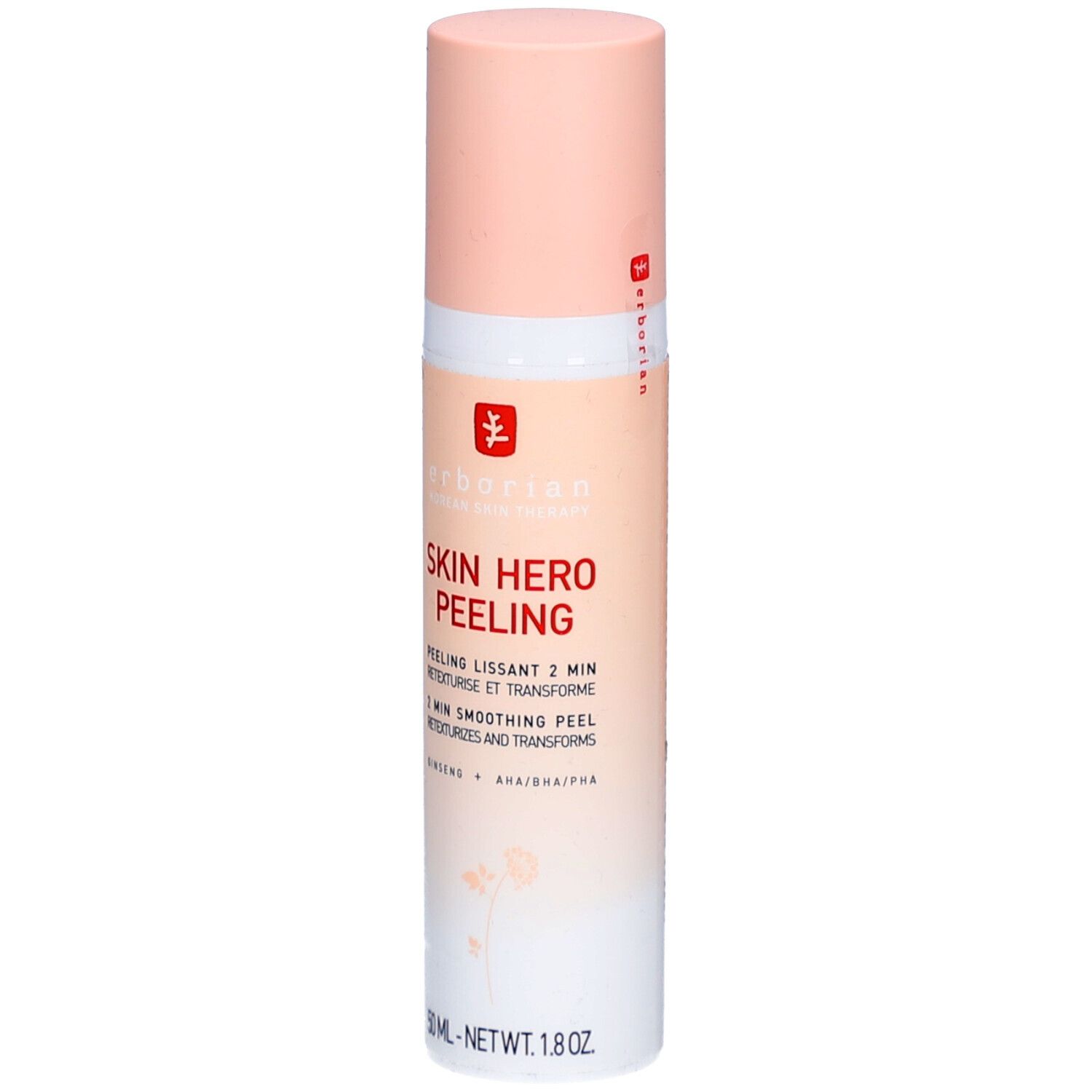 Behälter mit rosa Deckel. Aufschrift: Skin Hero Peeling. Enthält Ginseng und AHA/BHA/PHA. 50 ml.