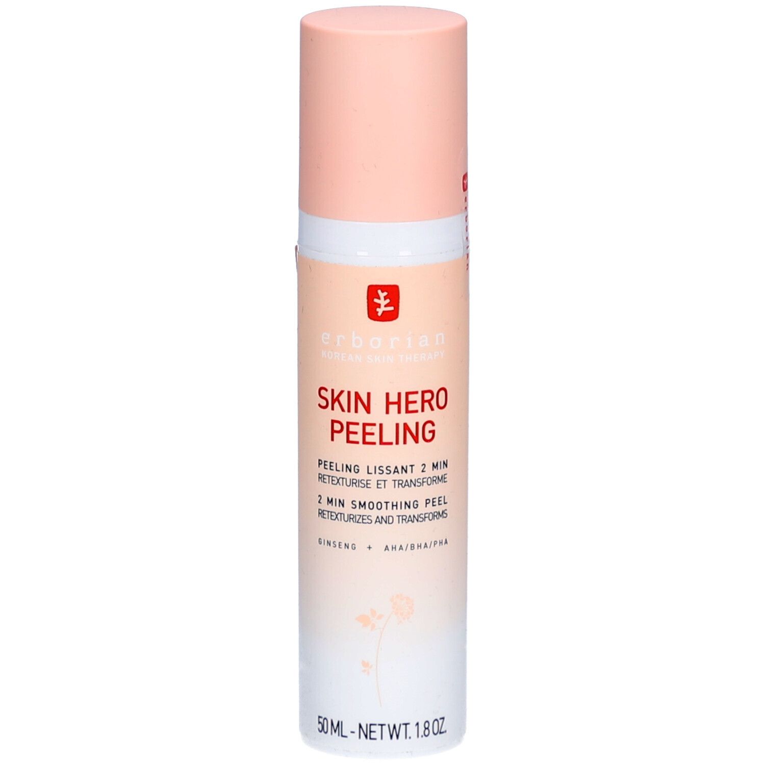 Behälter mit rosa Deckel. Aufschrift: Skin Hero Peeling. Enthält Ginseng und AHA/BHA/PHA. 50 ml.