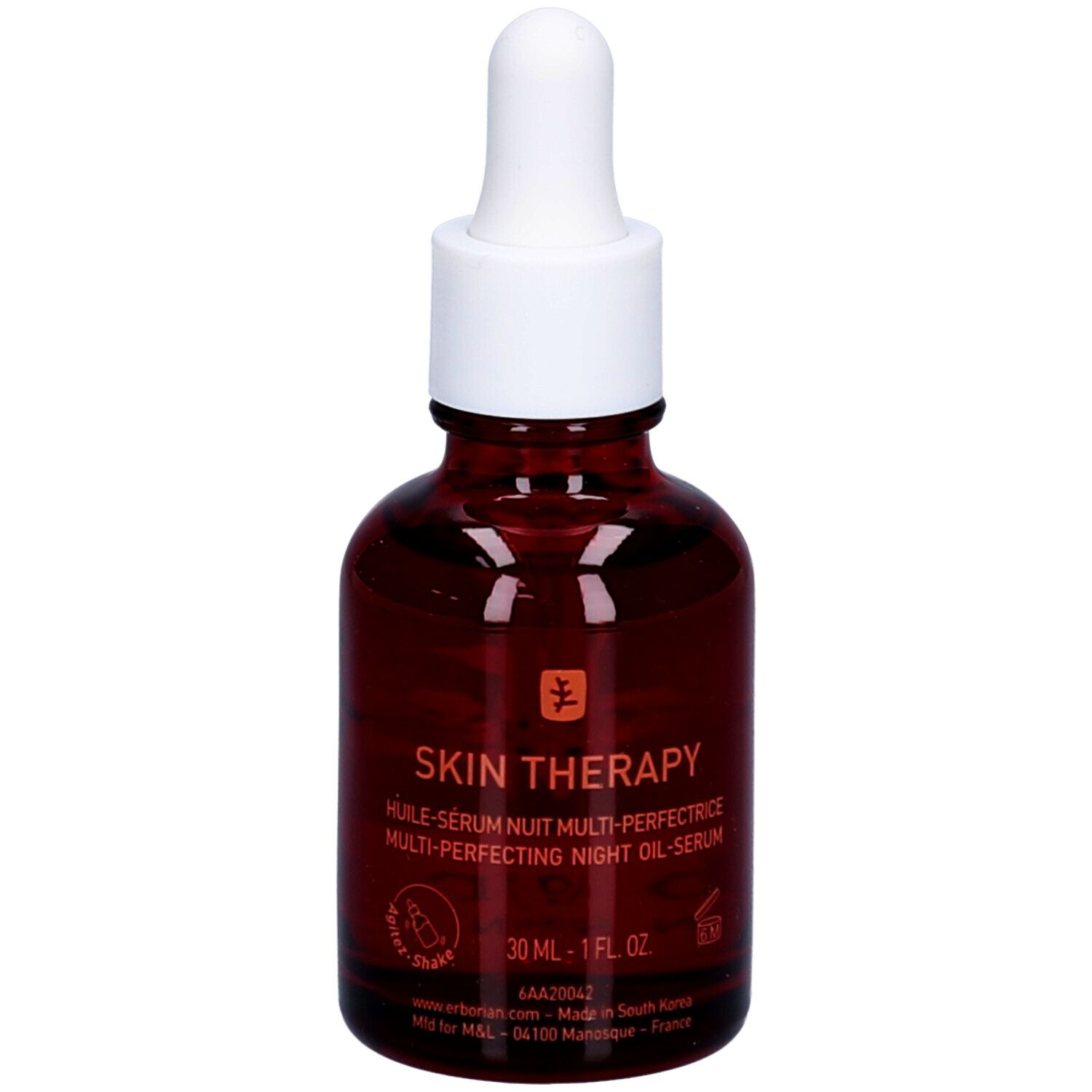 Braune Glasflasche mit Pipettenverschluss, Erborian Skin Therapy Oil.