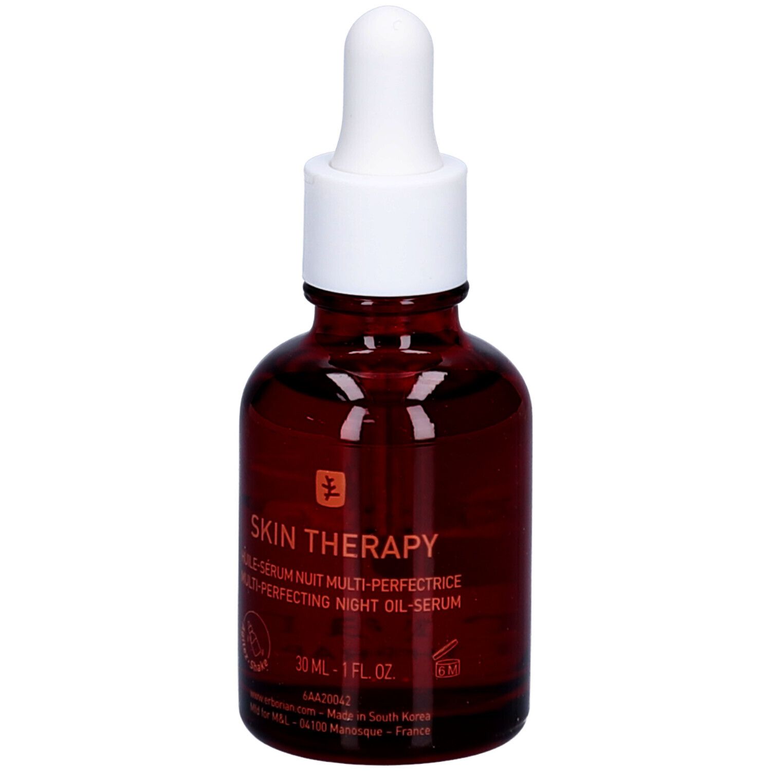 Braune Glasflasche mit Pipettenverschluss, Erborian Skin Therapy Oil.