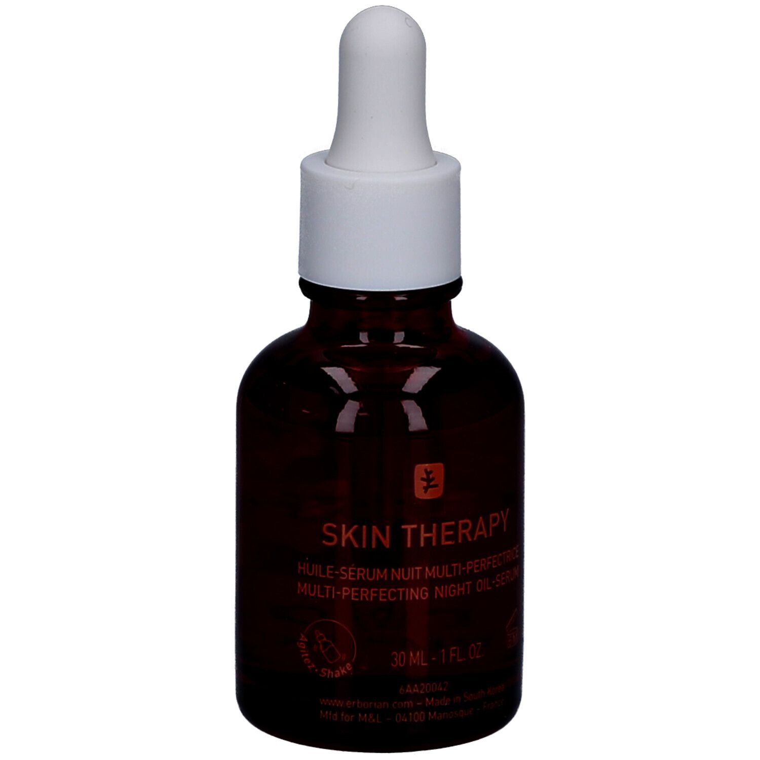 Braune Glasflasche mit Pipettenverschluss, Erborian Skin Therapy Oil.