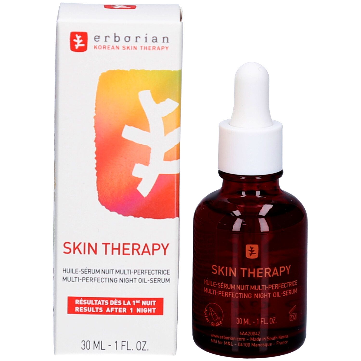 Braune Glasflasche mit Pipettenverschluss, Erborian Skin Therapy Oil.
