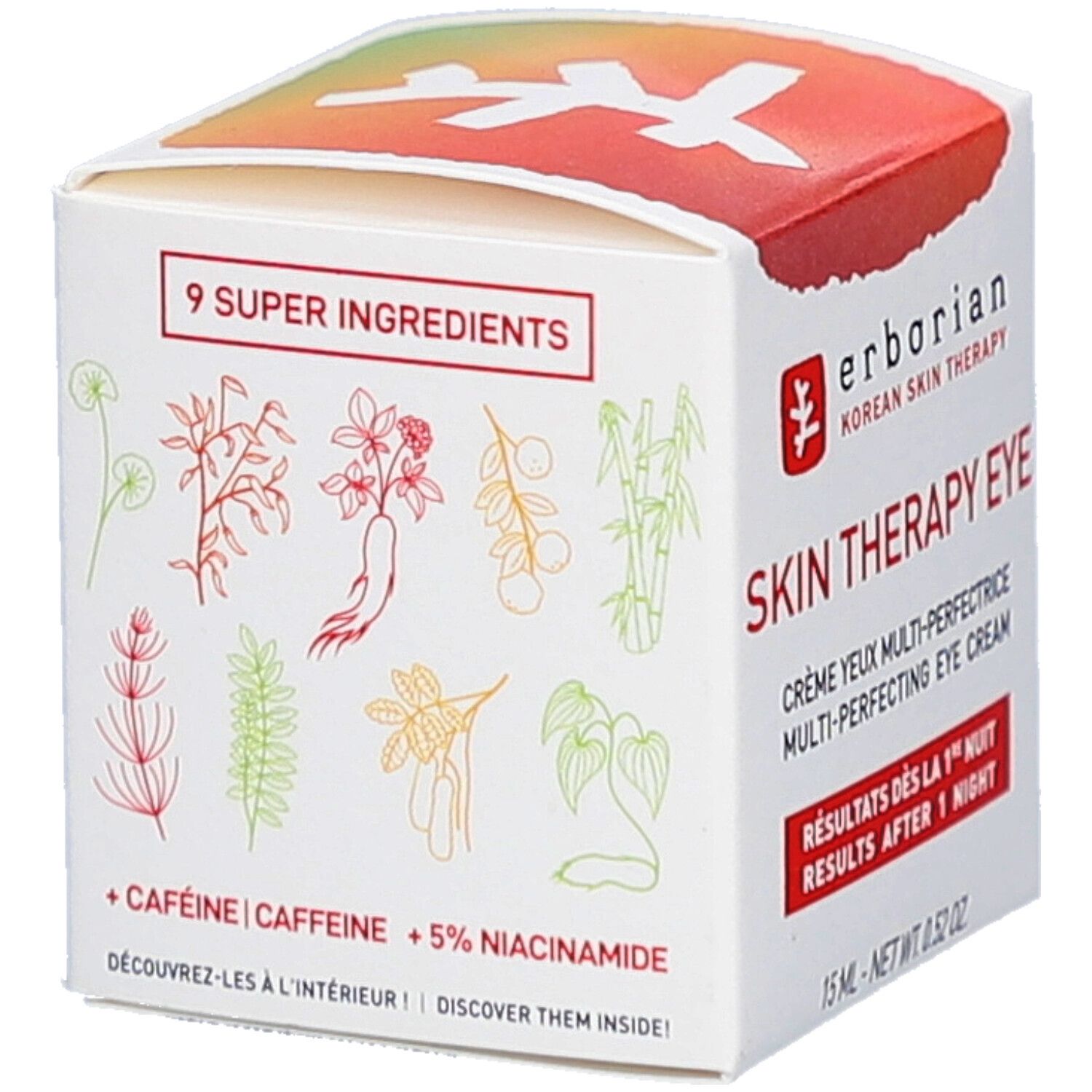 Weiße Verpackung mit Illustrationen von Kräutern. Aufschrift: erborian Korean Skin Therapy Skin Therapy Eye. Text: 9 Super Ingredients.
