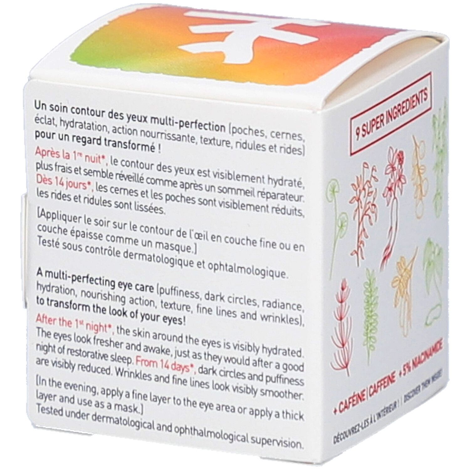 Weiße Verpackung mit Text in Französisch und Englisch. Aufschrift: erborian Korean Skin Therapy Skin Therapy Eye. Text: 9 Super Ingredients.