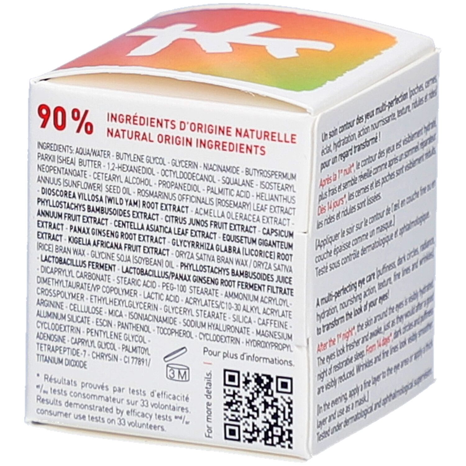 Weiße Verpackung mit Text und QR-Code. Aufschrift: erborian Korean Skin Therapy Skin Therapy Eye. Text: 90% Ingrédients d'origine naturelle.