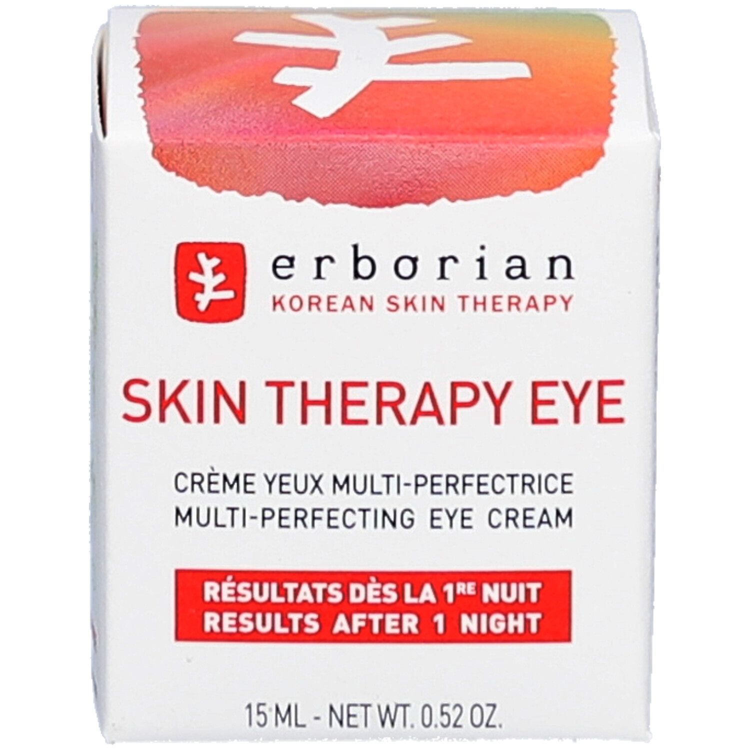 Weiße Verpackung mit rotem Deckel. Aufschrift: erborian Korean Skin Therapy Skin Therapy Eye. Text: Crème yeux multi-perfectrice.