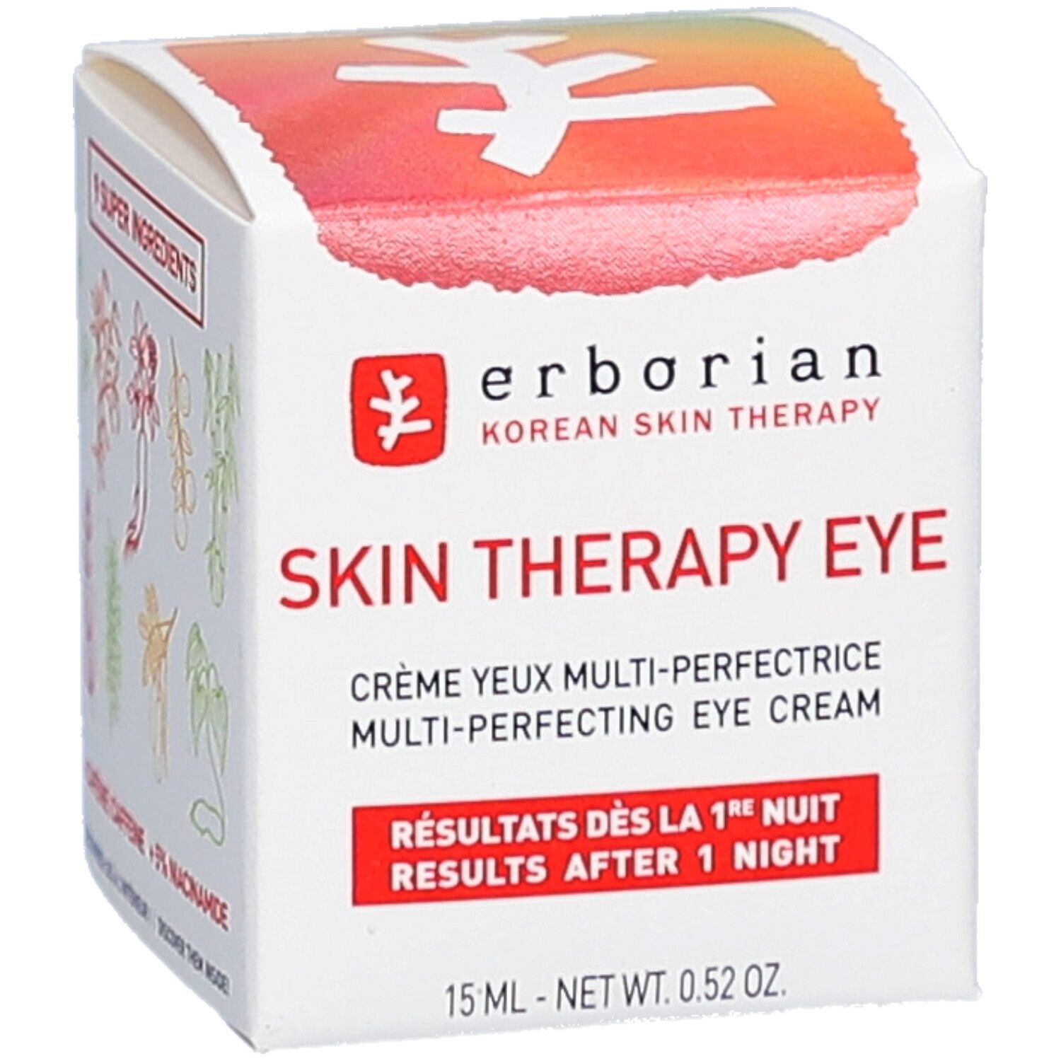 Weiße Verpackung mit Illustrationen von Kräutern. Aufschrift: erborian Korean Skin Therapy Skin Therapy Eye. Text: Crème yeux multi-perfectrice.
