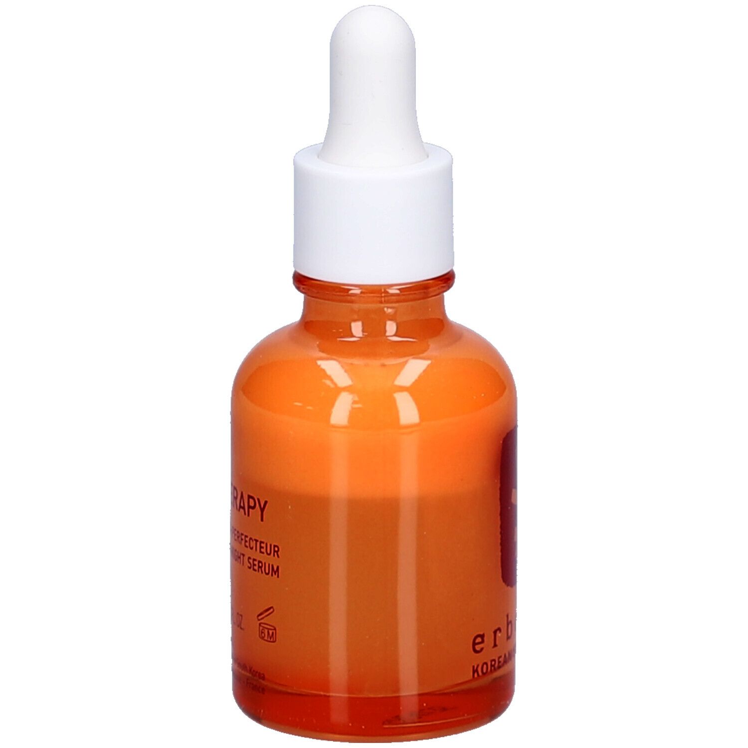 Orangefarbene Glasflasche mit weißem Deckel und Pipette. Auf der Flasche steht "erborian Korean Skin Therapy".