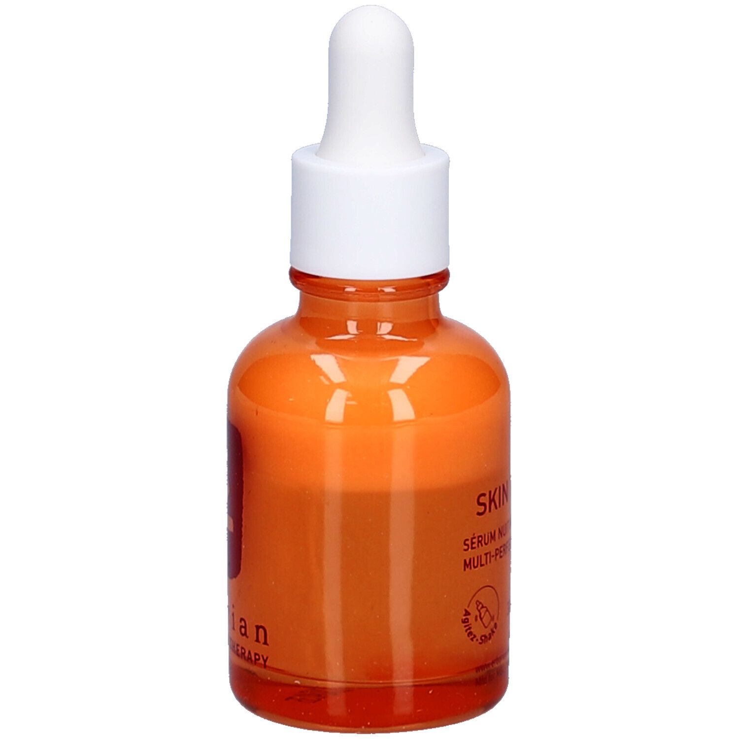 Orangefarbene Glasflasche mit weißem Deckel und Pipette. Aufschrift: Skin Therapy Serum Nuit Multi-Perfecteur.