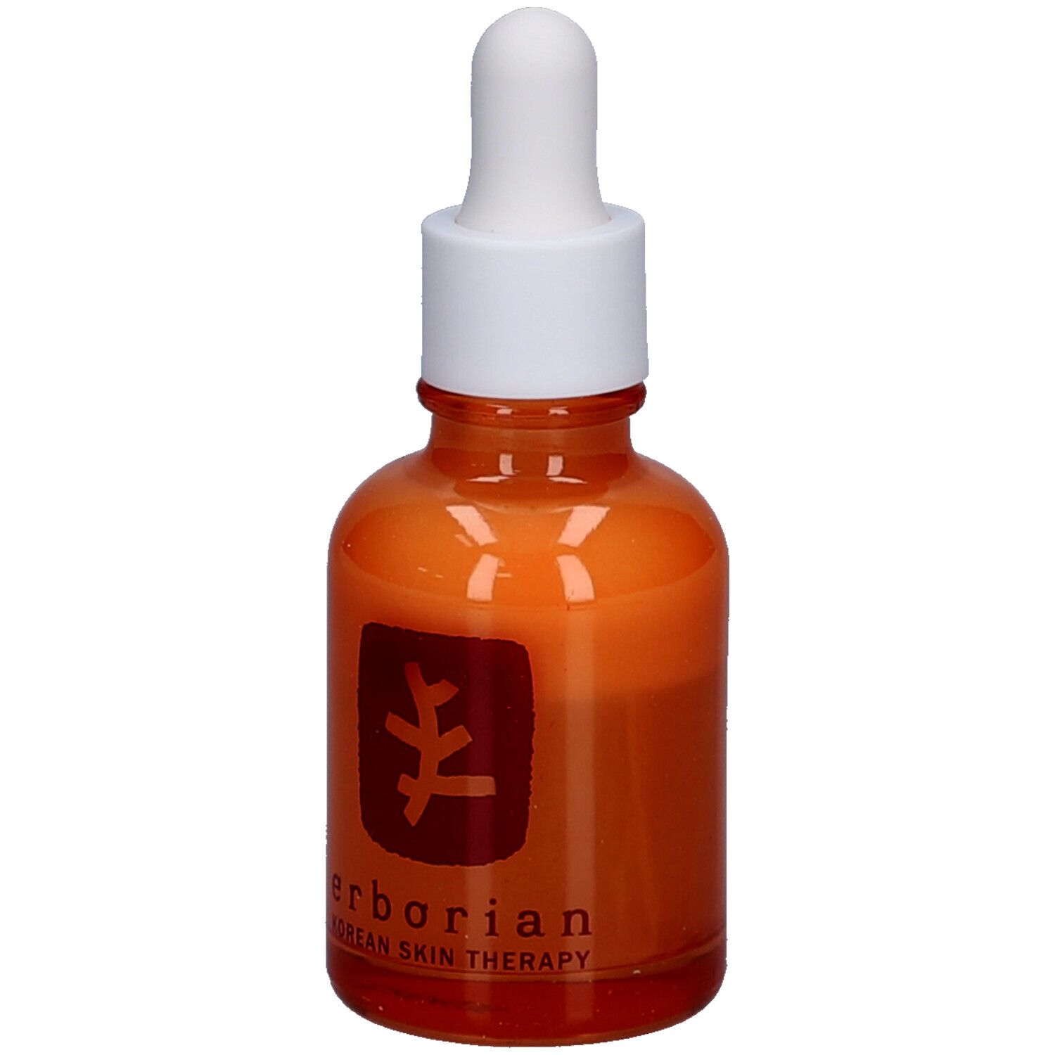 Orangefarbene Glasflasche mit weißem Deckel und Pipette. Auf der Flasche steht "erborian Korean Skin Therapy".