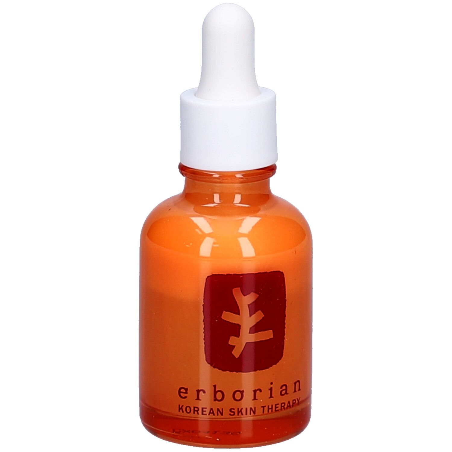 Orangefarbene Glasflasche mit weißem Deckel und Pipette. Auf der Flasche steht "erborian Korean Skin Therapy".