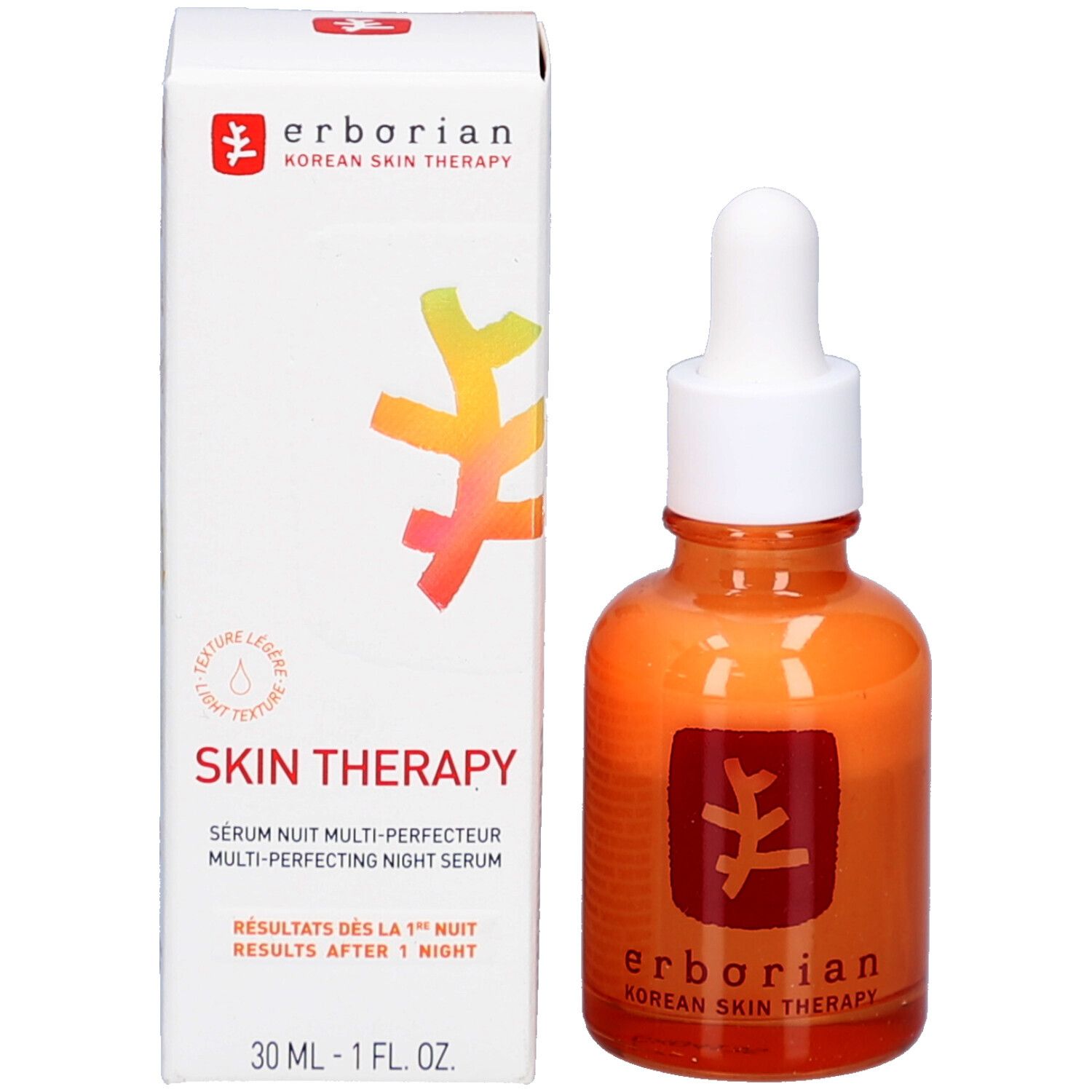 Produktflasche und Verpackung. Flasche: orange, weißer Deckel, Pipette. Verpackung: weiß, Aufschrift Skin Therapy.