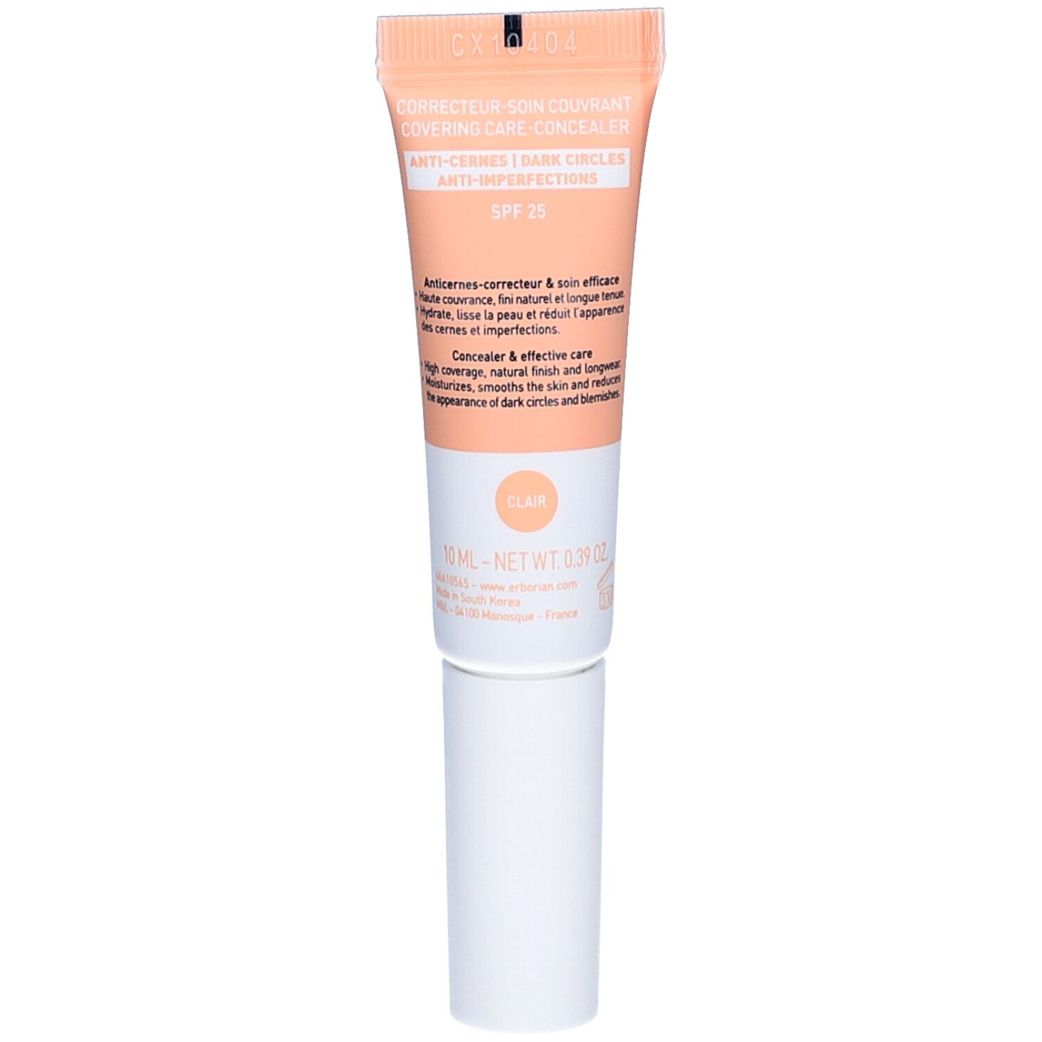Tube mit Aufschrift: Corrector soin couvrant, Anti-Cernes, SPF 25, clair. Marke: erborian.