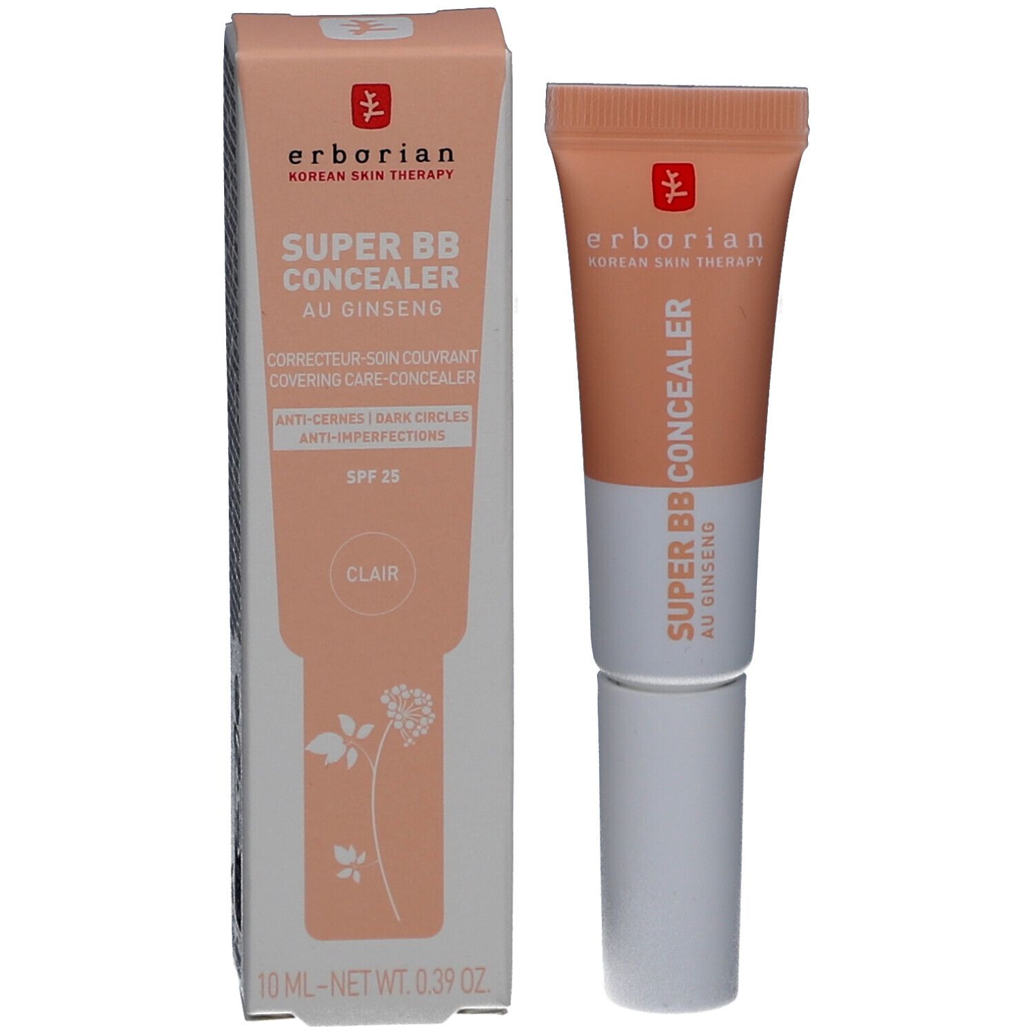 Produktverpackung und Tube. Verpackung: SUPER BB CONCEALER, AU GINSENG, SPF 25, clair. Marke: erborian.