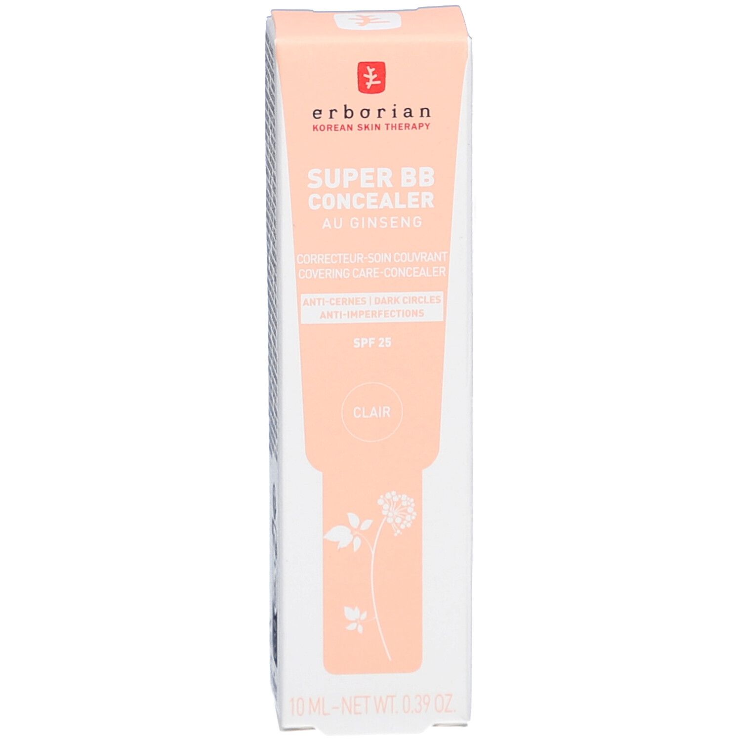 Produktverpackung. Aufschrift: SUPER BB CONCEALER, AU GINSENG, SPF 25, clair. Marke: erborian.
