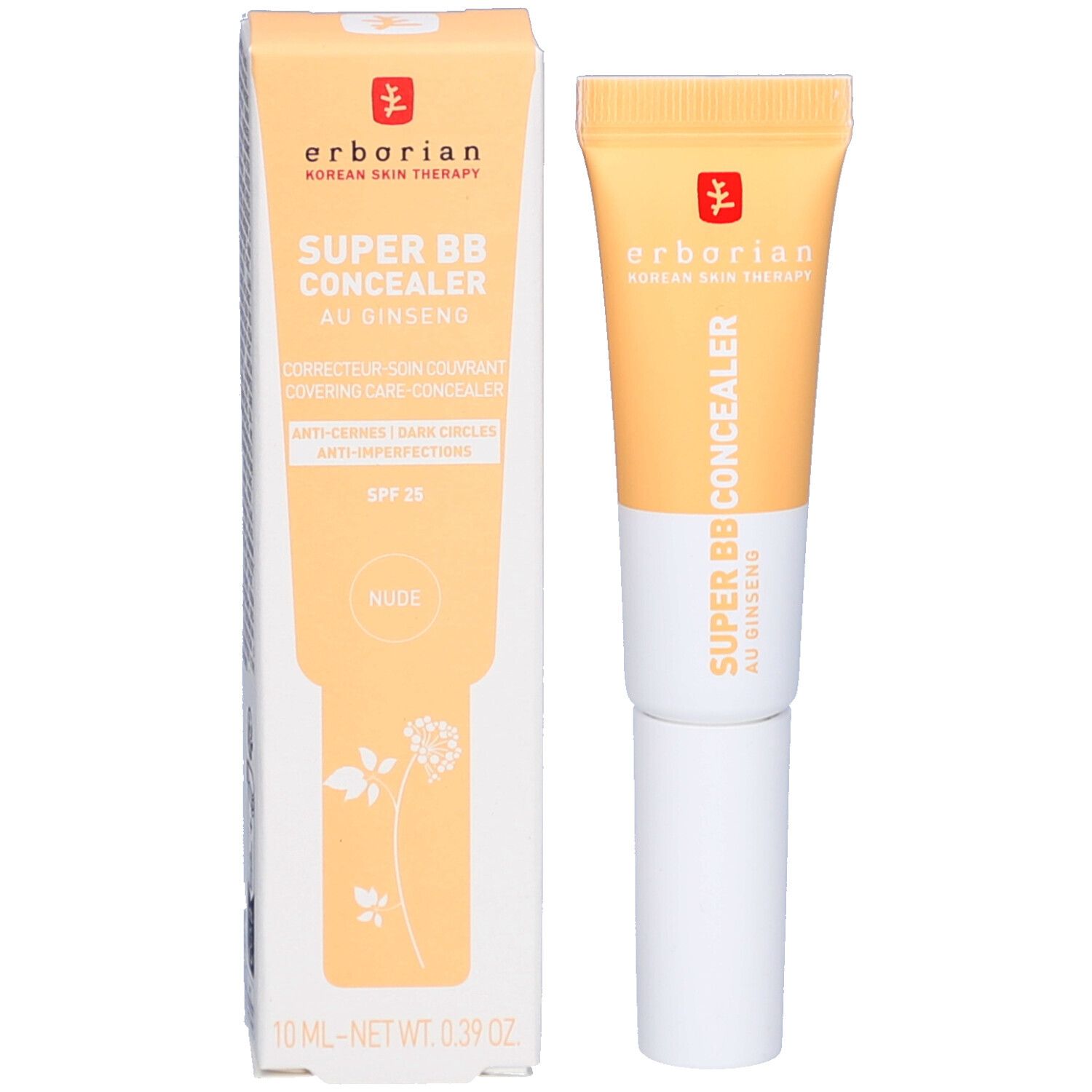 Produkt und Verpackung. Beige Schachtel mit Tube. Aufschrift: SUPER BB CONCEALER, AU GINSENG, NUDE. Produktname und Farbton.