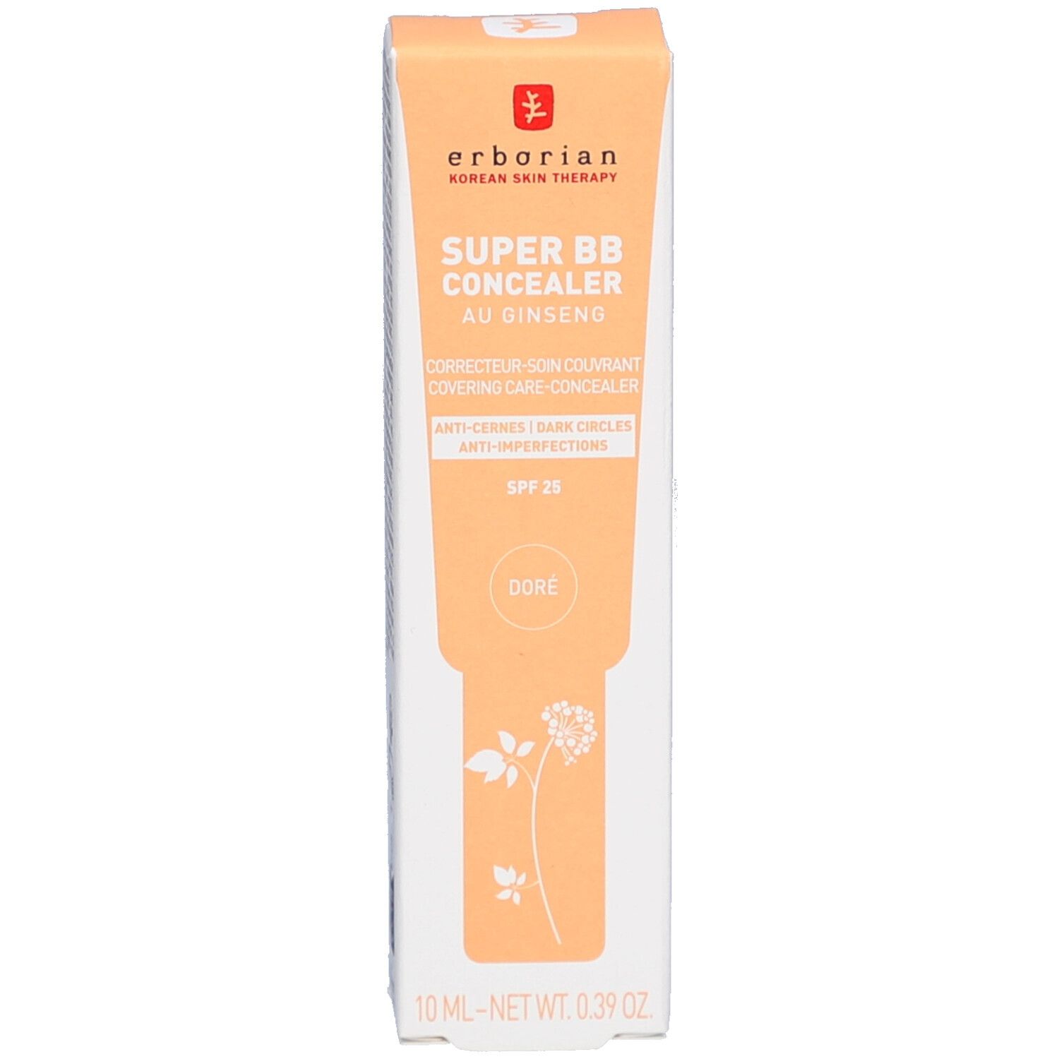 Produktverpackung. Rechteckig, beige. Aufschrift: SUPER BB CONCEALER, AU GINSENG. Marke: Erborian. Farbe: Dore.