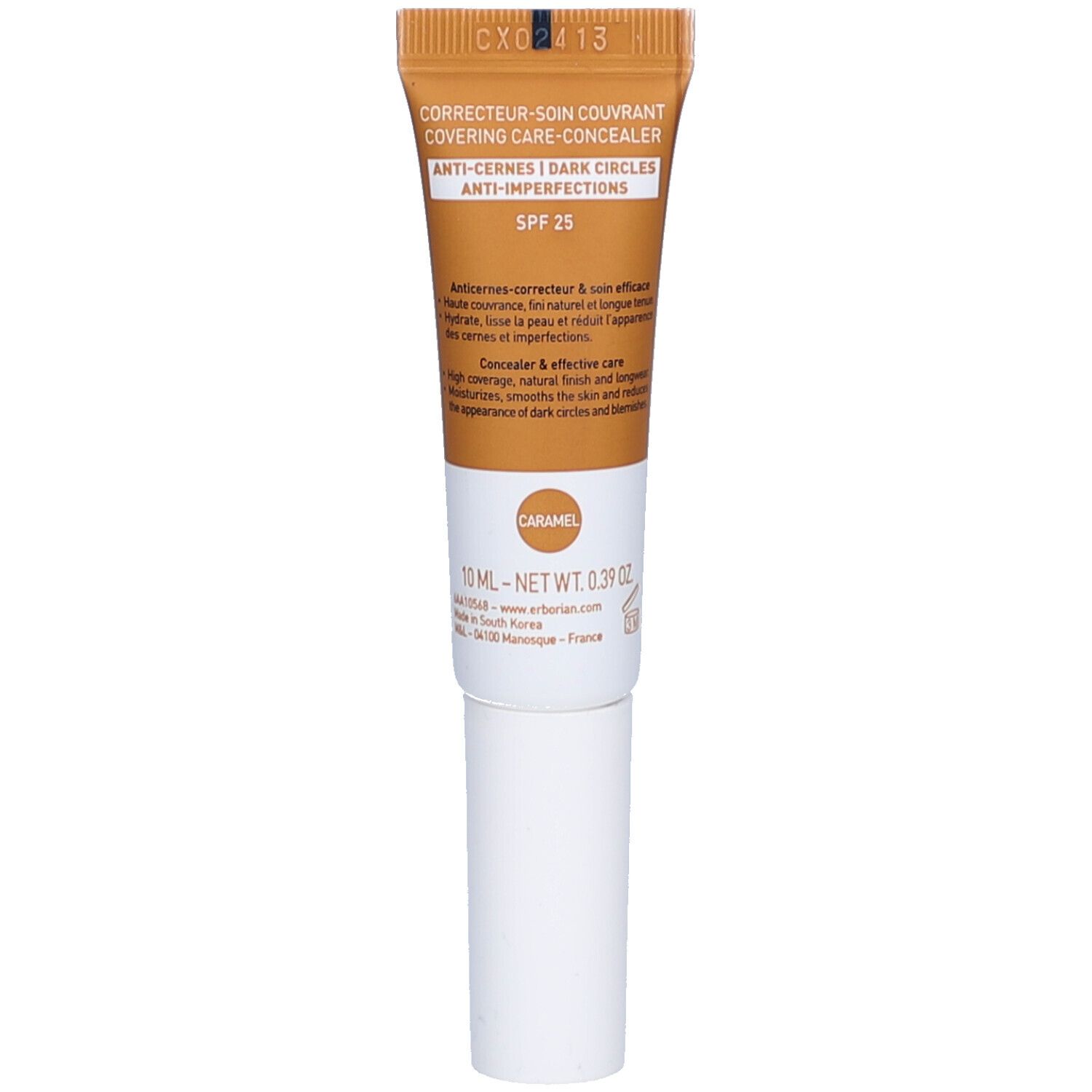 Rückseite der Concealer-Tube. Text: Corrector-soin couvrant. Anti-cernes. SPF 25. Farbton: Caramel. Marke: Erborian.