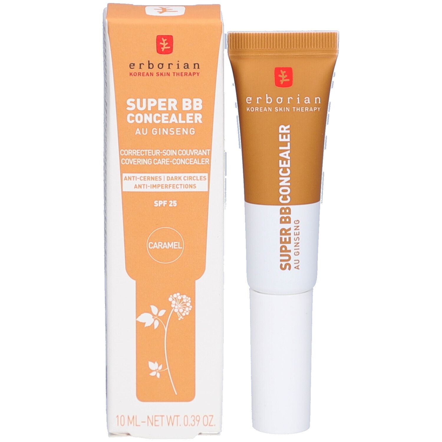 Concealer-Tube und Verpackung. Verpackung: Orange mit Text und Produktabbildung. Tube: Gold und Weiß. Marke: Erborian.