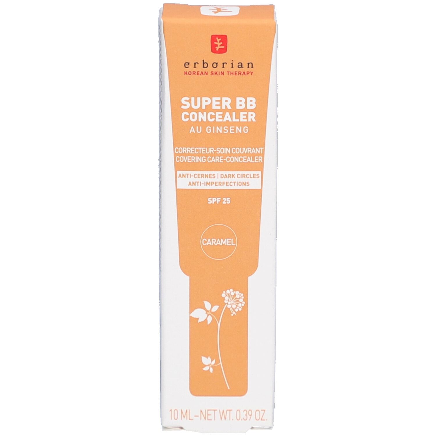 Verpackung des Concealers. Orange mit Text und Produktabbildung. Marke: Erborian. Produkt: Super BB Concealer Au Ginseng.