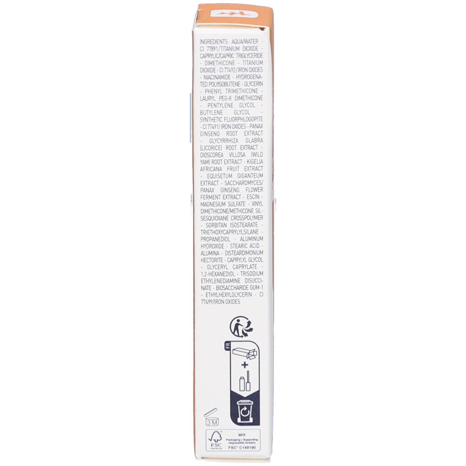 Seite der Verpackung. Text: Inhaltsstoffe, Anwendungshinweise. Marke: Erborian. FSC-Zertifizierung.