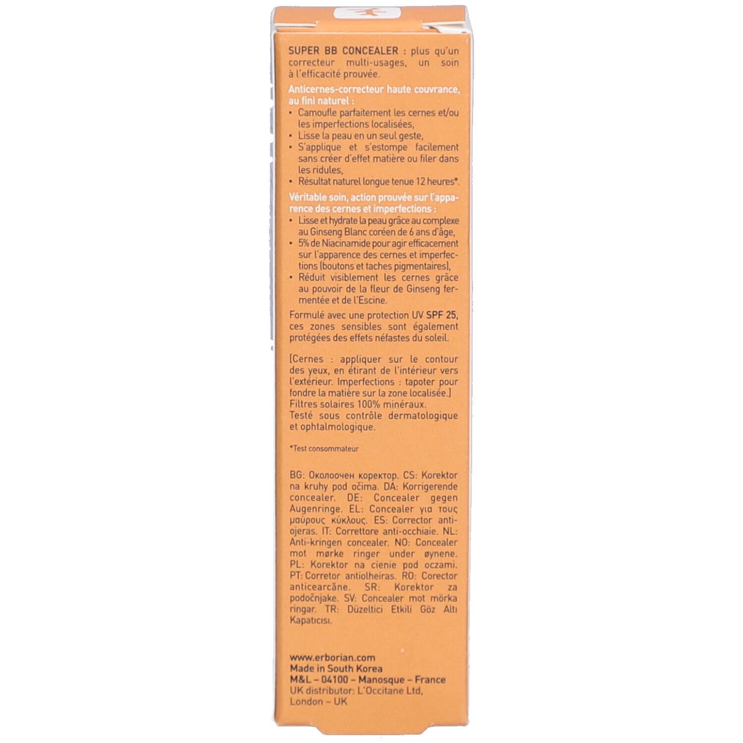 Rückseite der Verpackung. Text: Produktbeschreibung, Anwendungshinweise. Marke: Erborian. Made in South Korea.