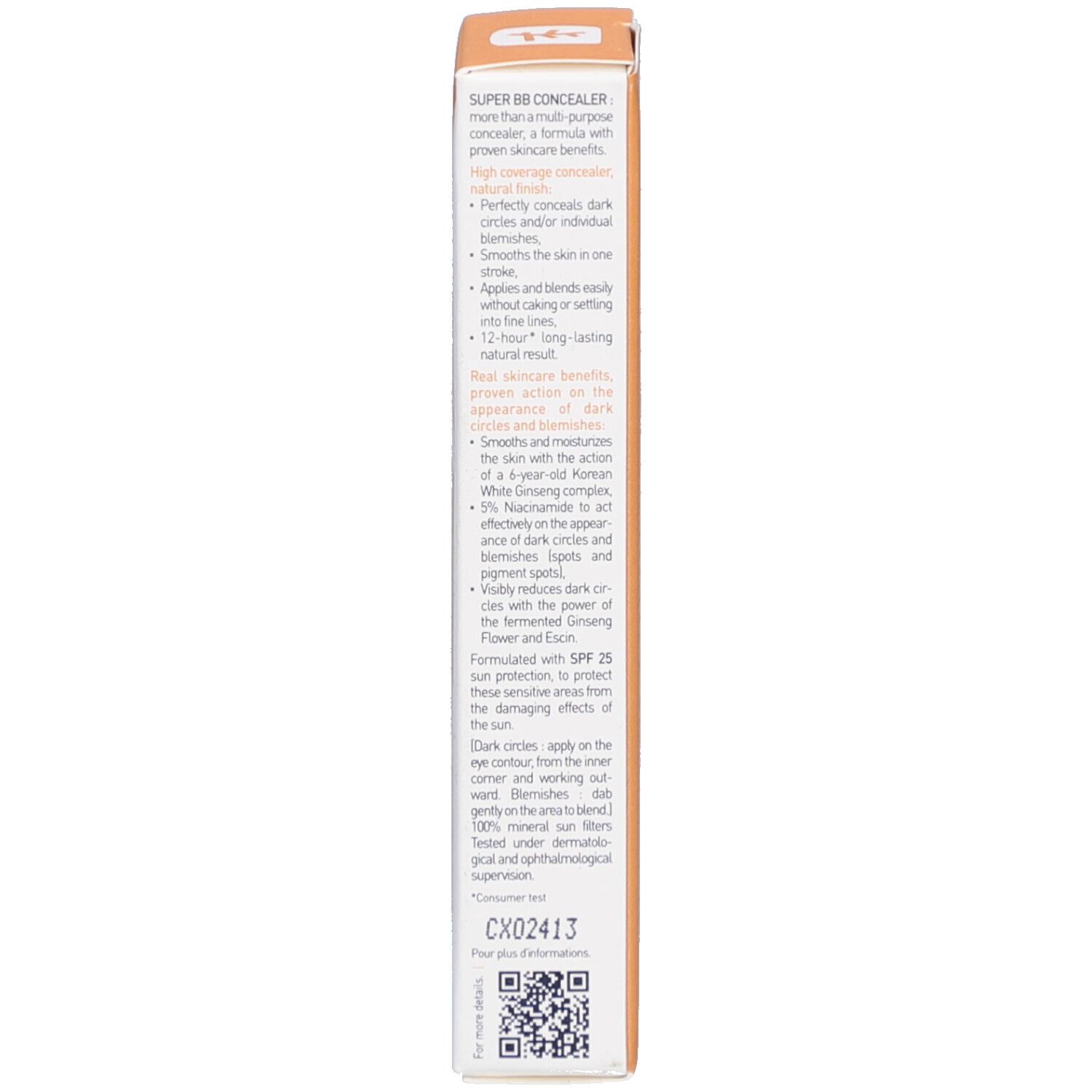 Seite der Verpackung. Text: Produktvorteile, Anwendungshinweise. Marke: Erborian. QR-Code.